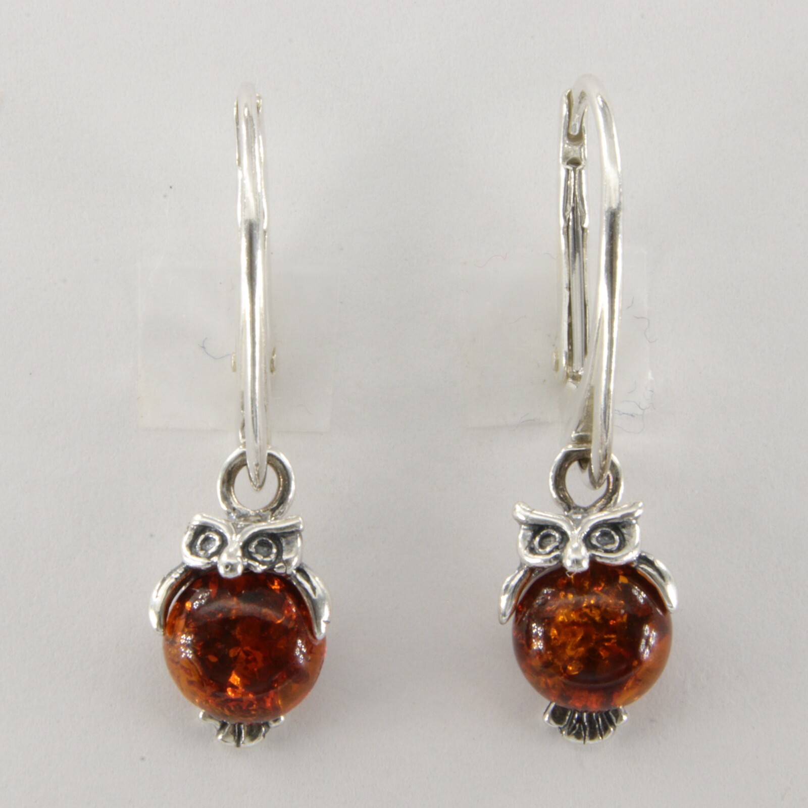 Cognac / Brown BALTIC AMBER Owl Leveback Earrings 925 STERLING SILVER #5573e
