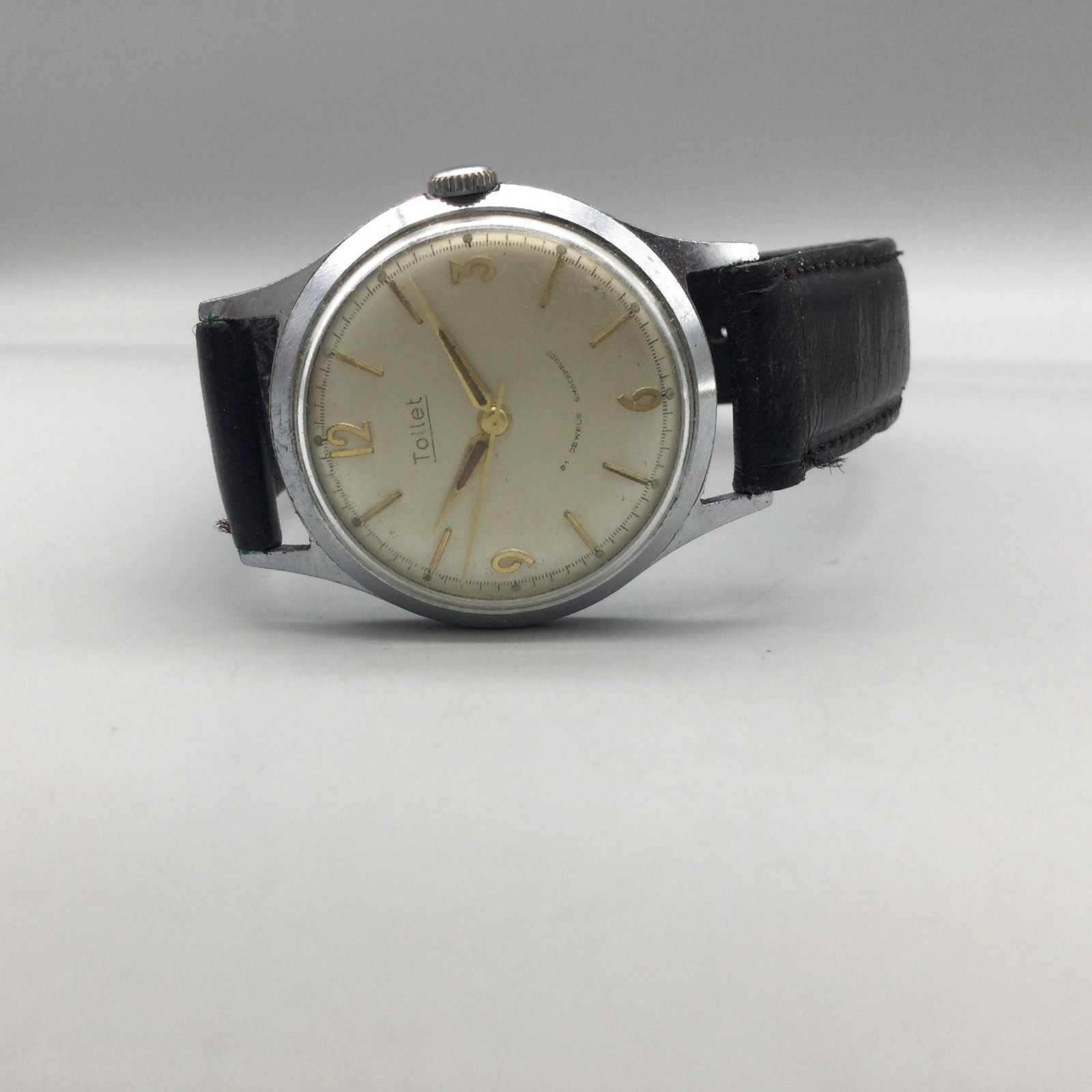 Vintage Tollet Mens Watch 32mm Cream Dial Silver Tone Black Leather Manual Wind