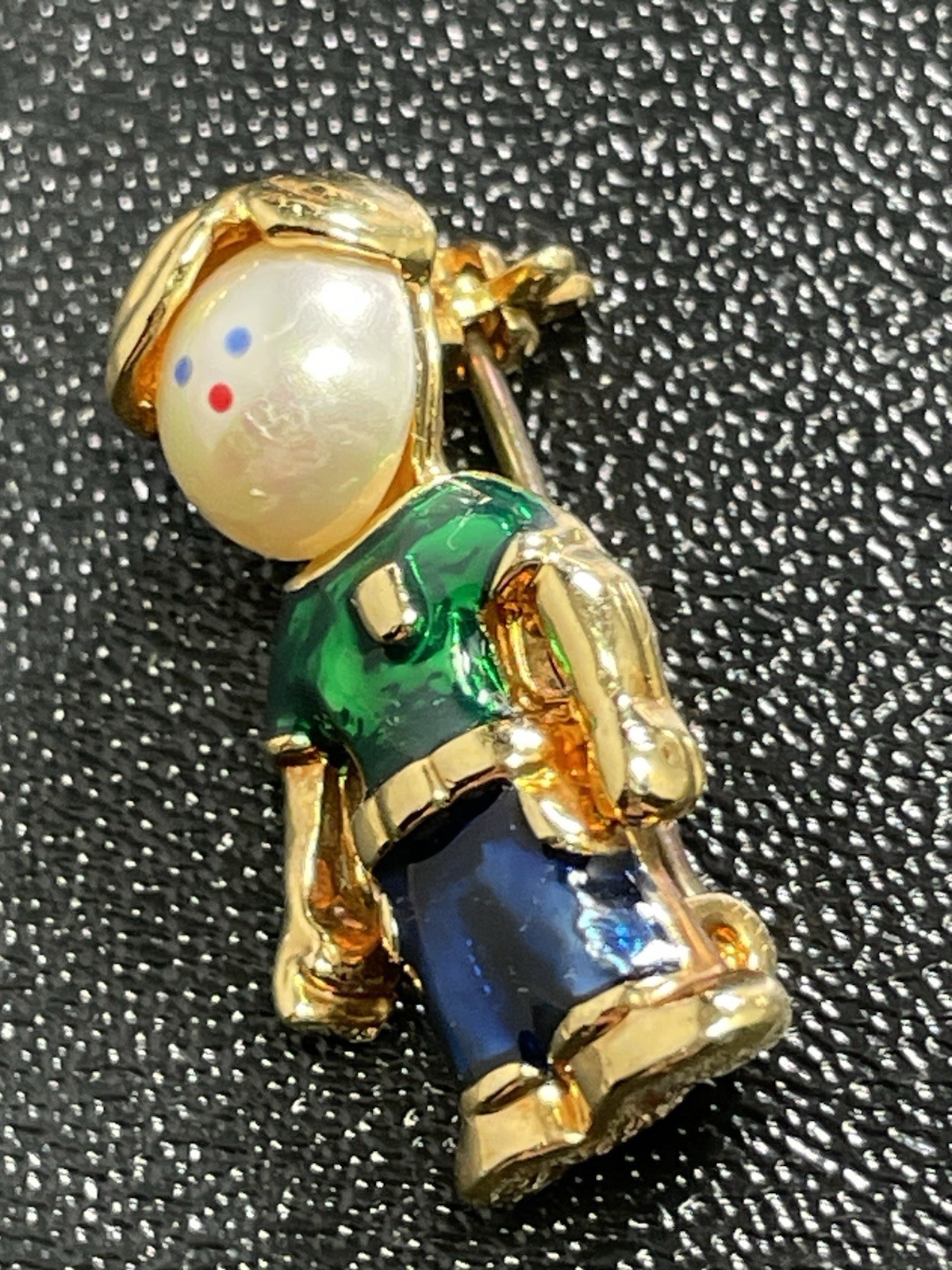 Vintage Faux Pearl Little Boy Blue & Green Enameled Gold Tone Brooch Pin