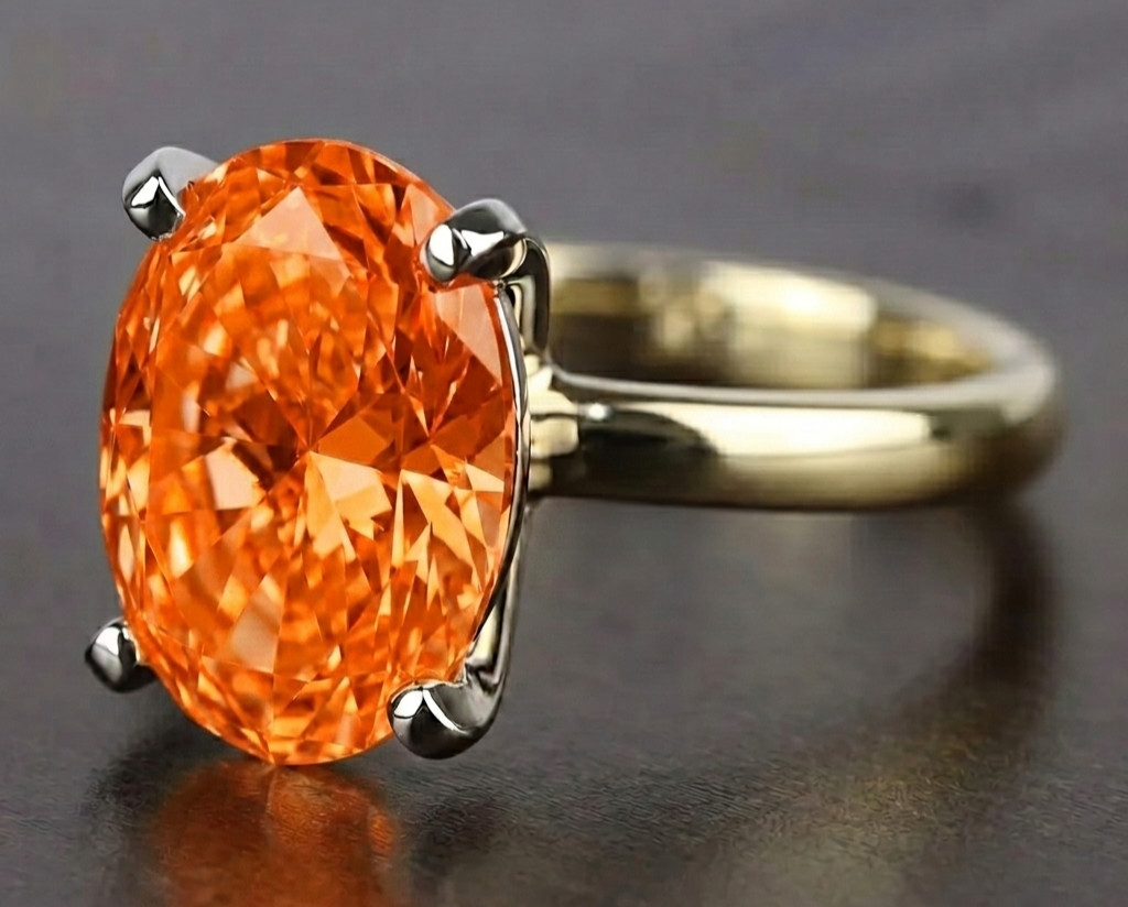 8.00 Ct Certified Oval Shape Natural Orange Diamond Ring VVS1 Yellow Gold Finish