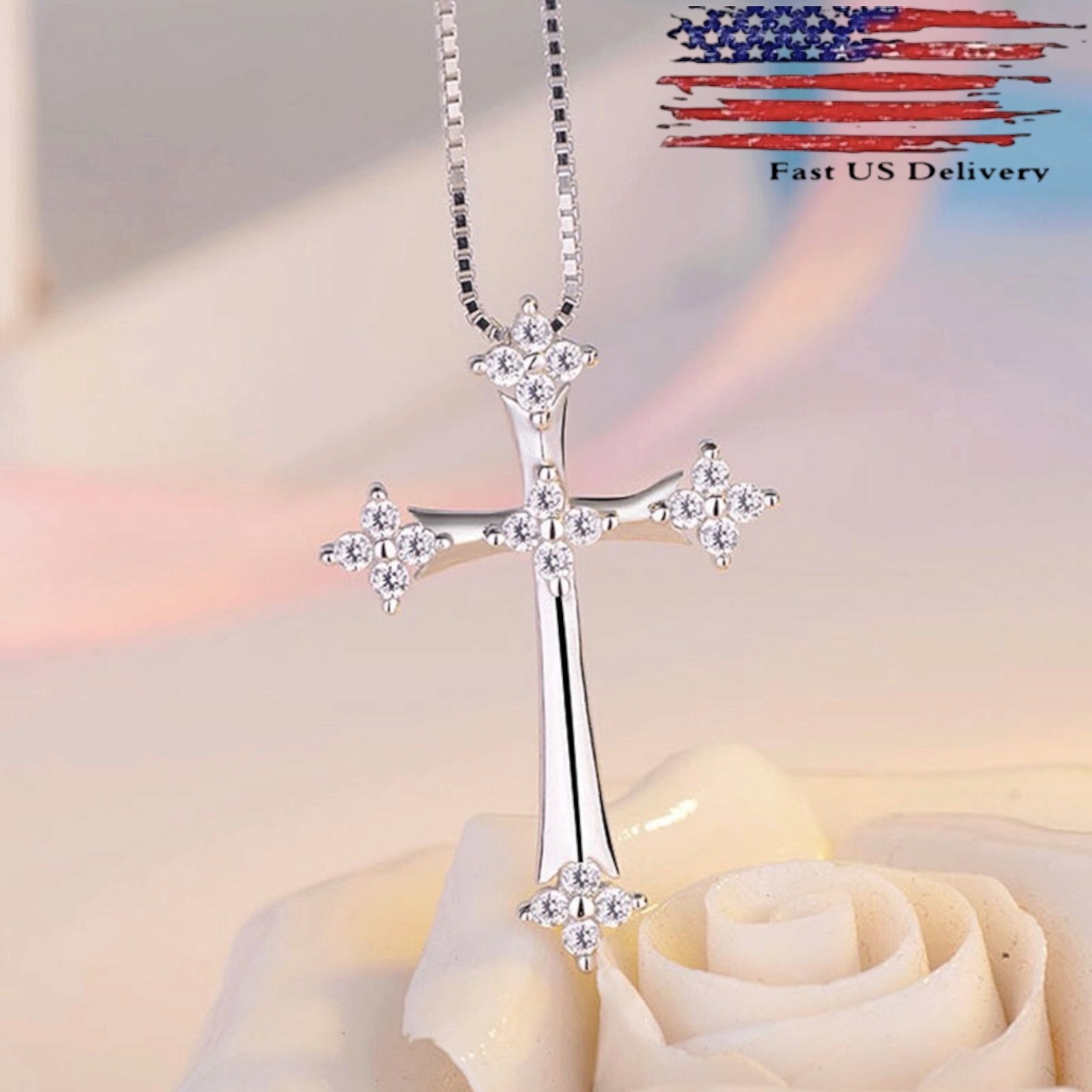 Women 925 Sterling Silver Cross Crucifix Crystal Pendant Necklace 18″ Chain B58