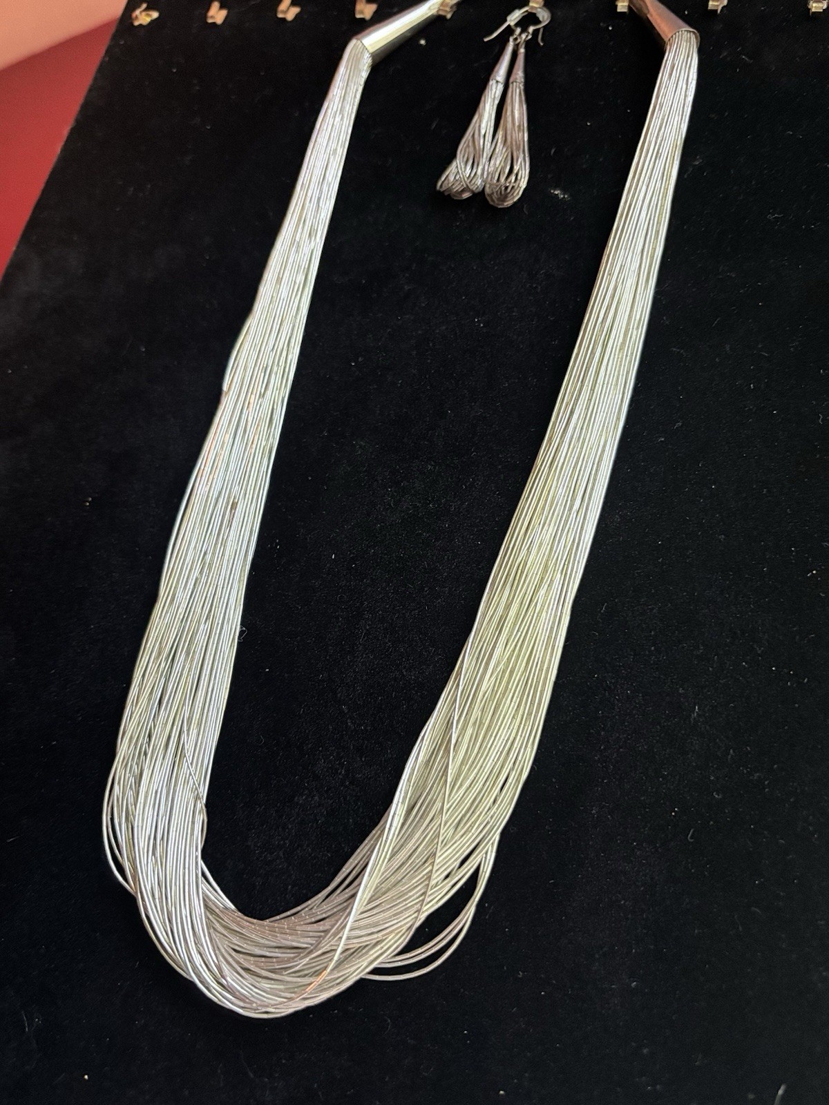 Liquid Silver Sterling 99 Strand Necklace W/ Earrings 111 grams 23in 925 Signed