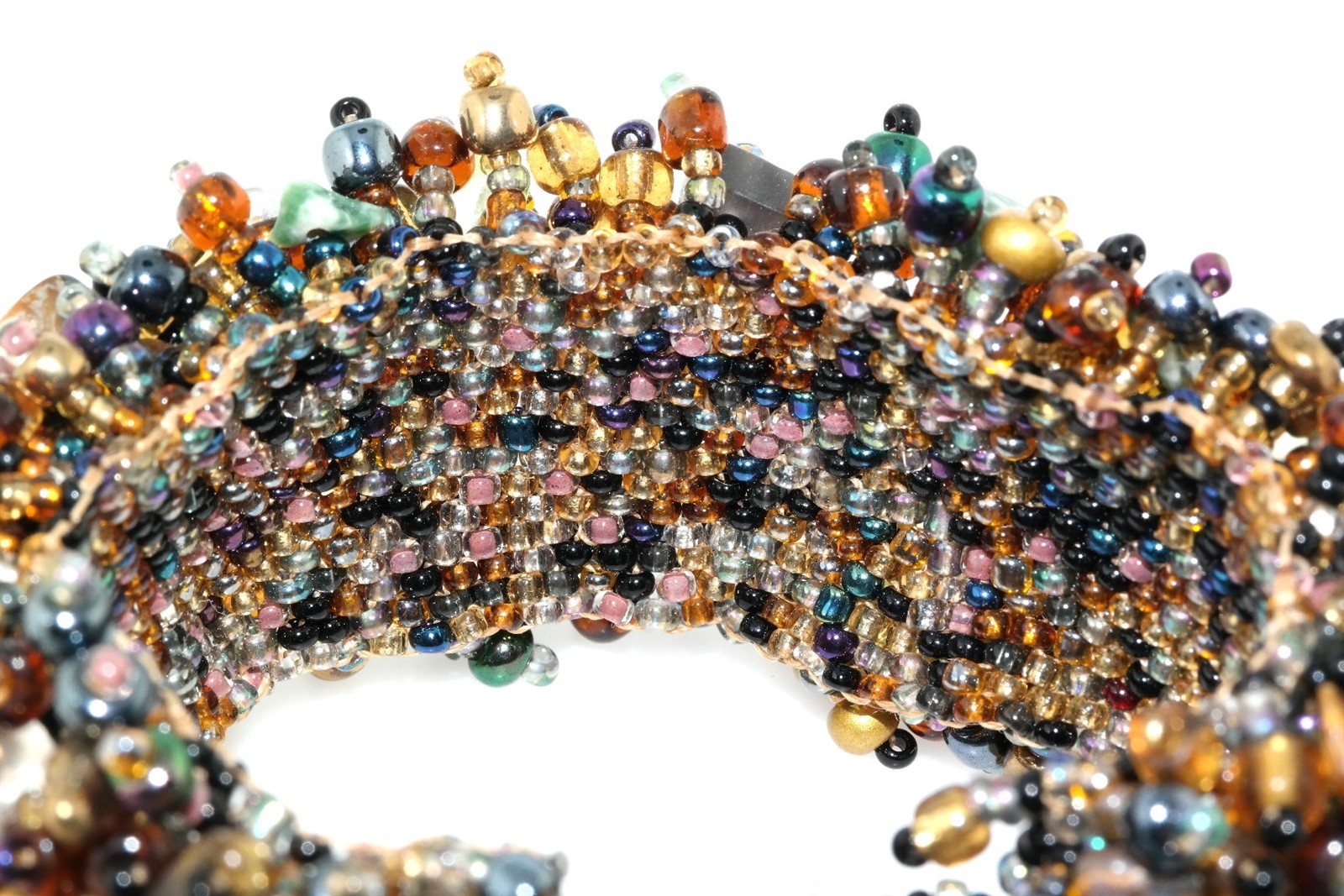 Woven Micro Bead Chunk Stone Faceted Crystal Mesh Bracelet Earth Tones