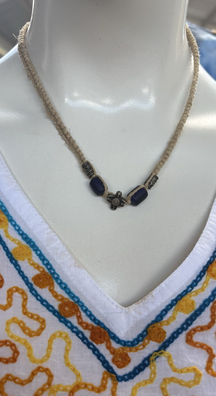 Hemp Cross Pendant Beige Cord Blue Glass Bead Choker Necklace Adjustable Tie