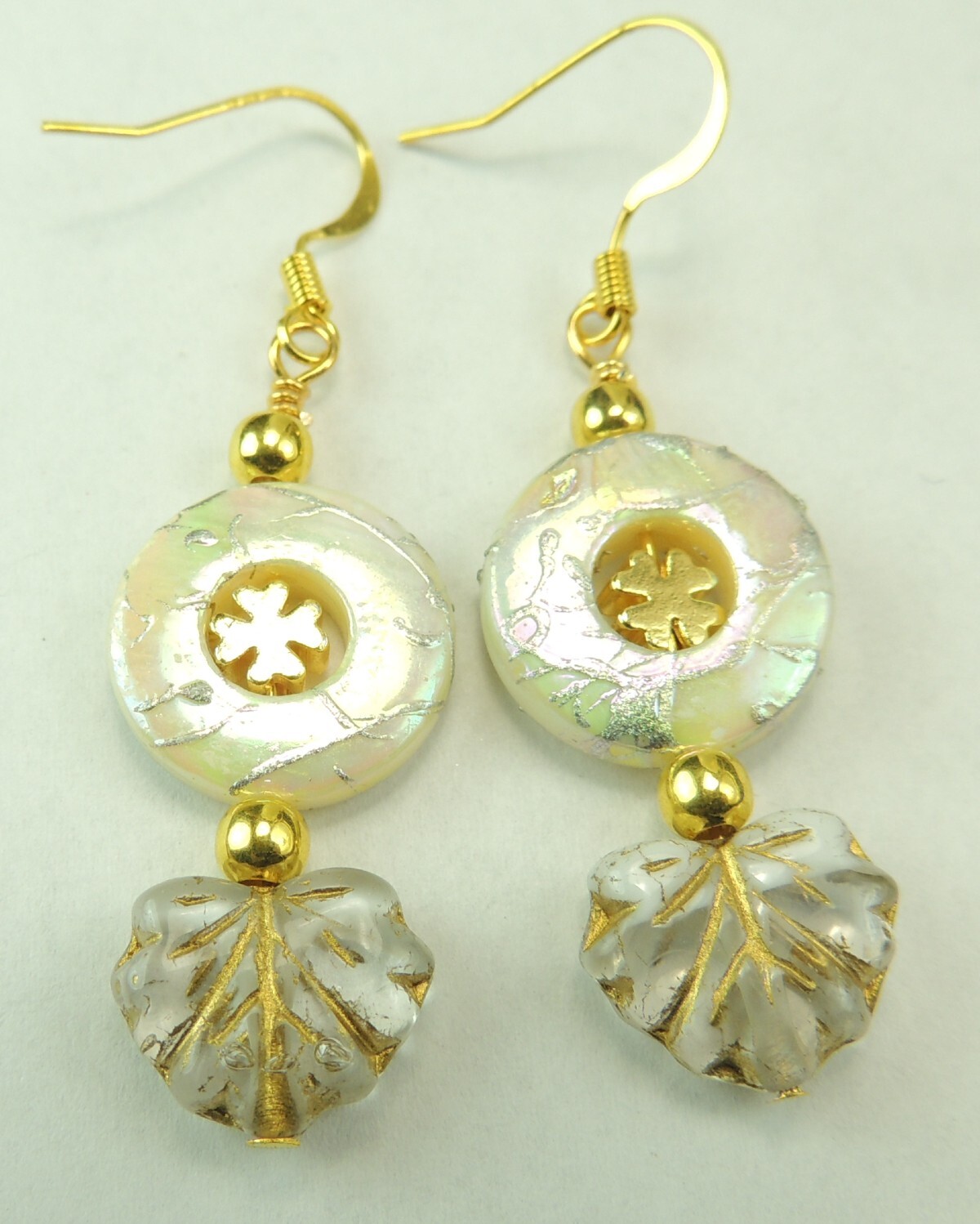 White Mother of Pearl Earrings Gold Drizzle & Czech Etched Leaves Handmade