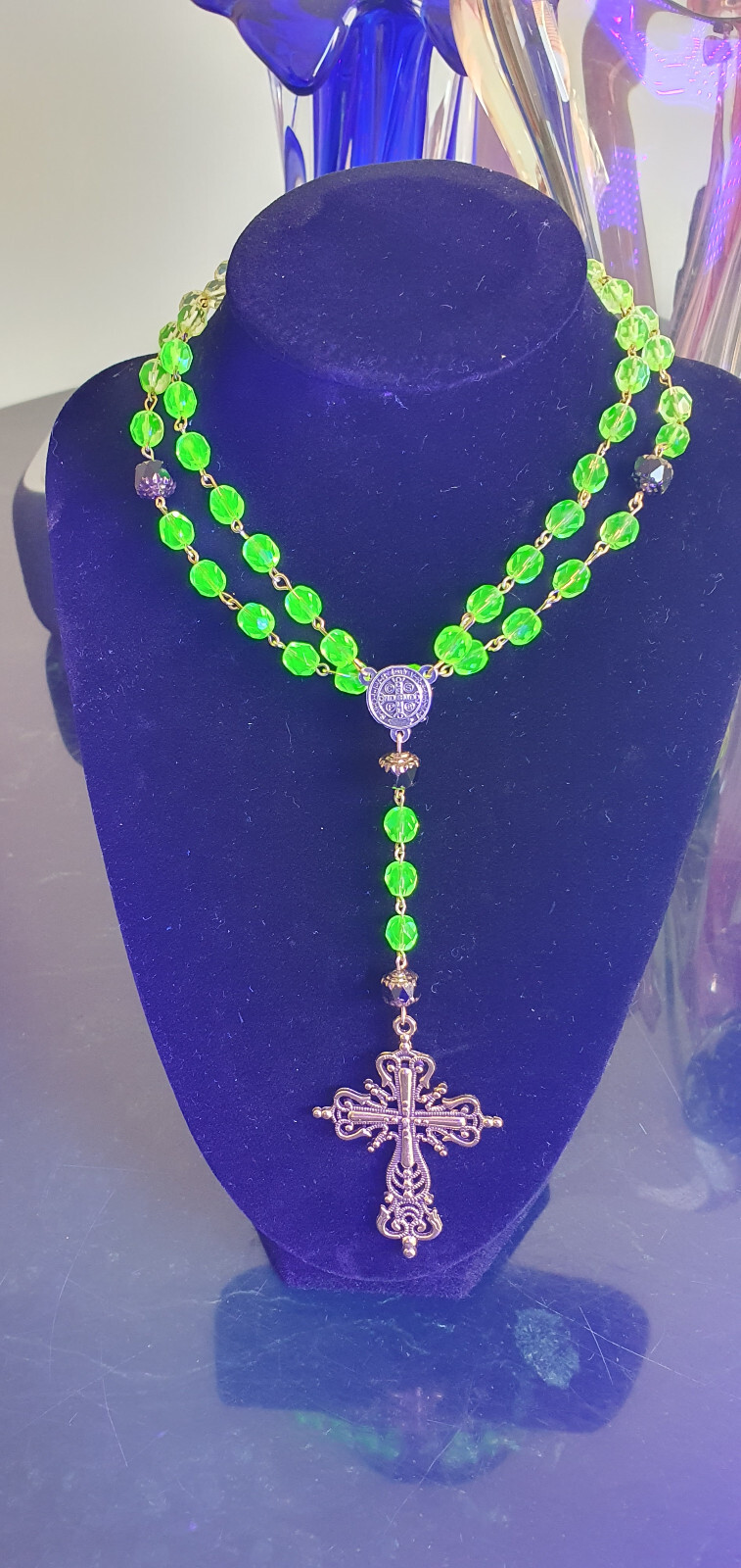 Rosary gothic cross czech uraniumglass beads vintage style jewelry #24067