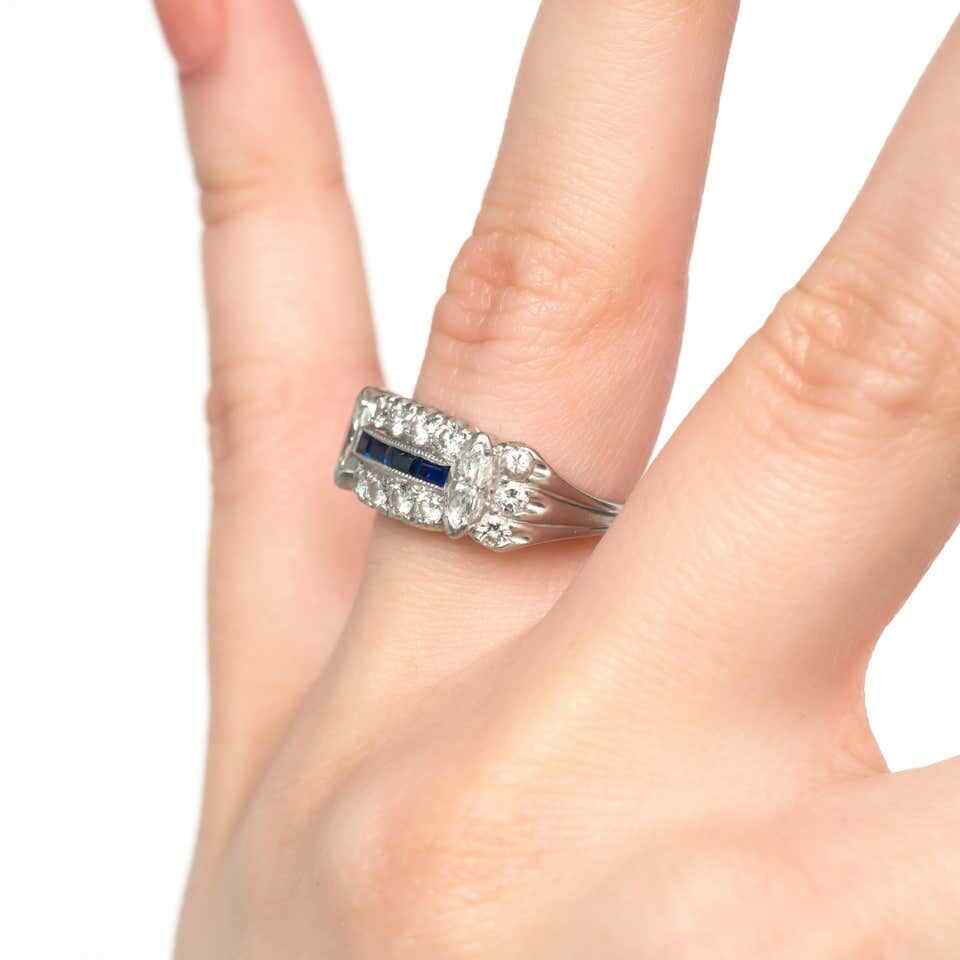 Retro Vintage Baguette Shape Blue Sapphire With Old Mine Cut CZ Antique Ring