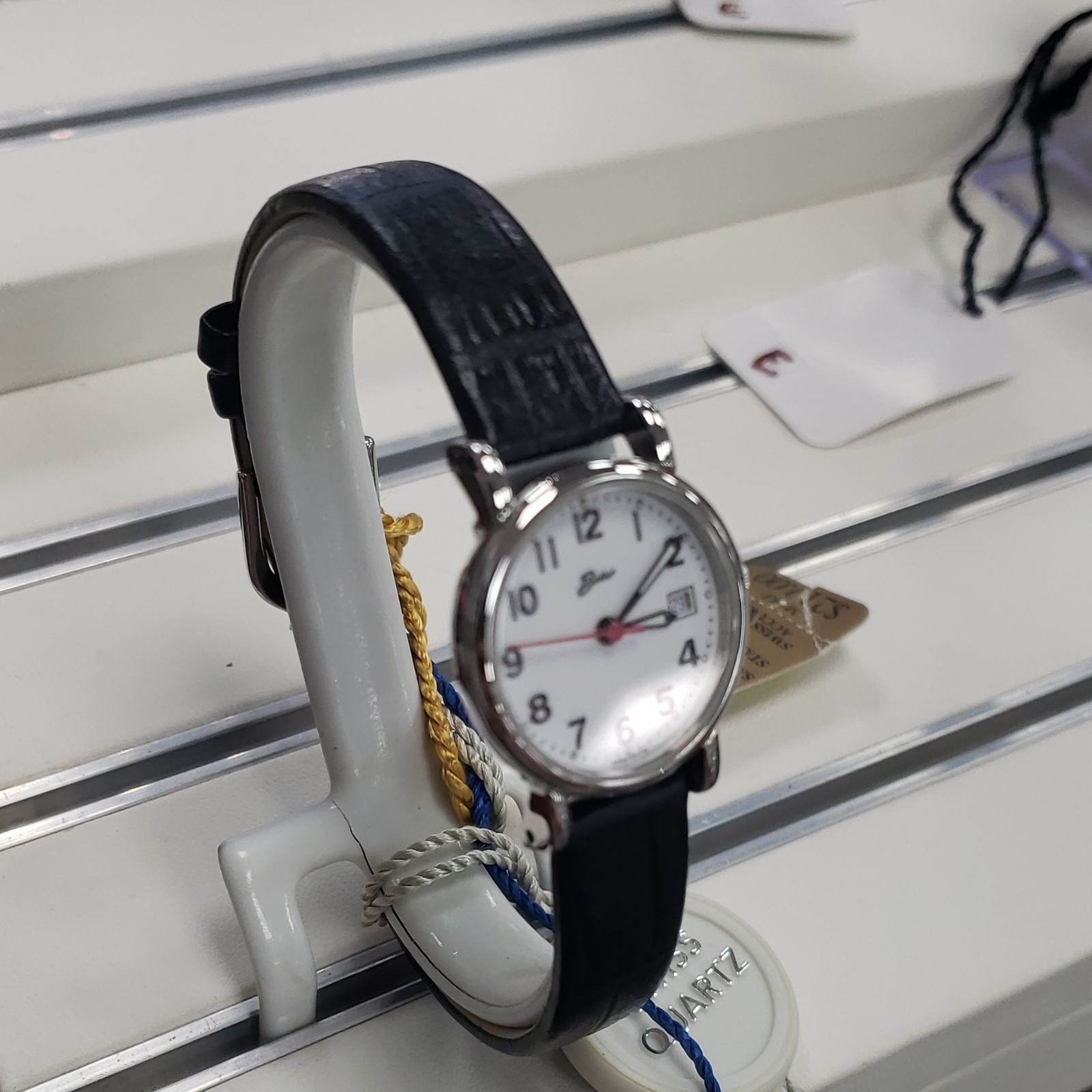 Belair Quartz Analog Wristwatch Silver Case Black Leather Strap