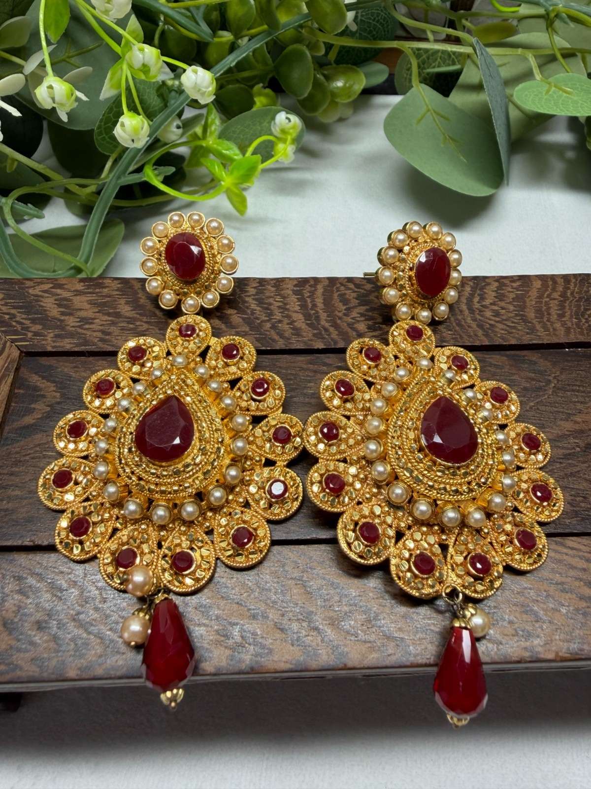 Heavy Ethnic Indian Style Gold & Red Tone Crystal Dangle Earrings – Occasion 40g