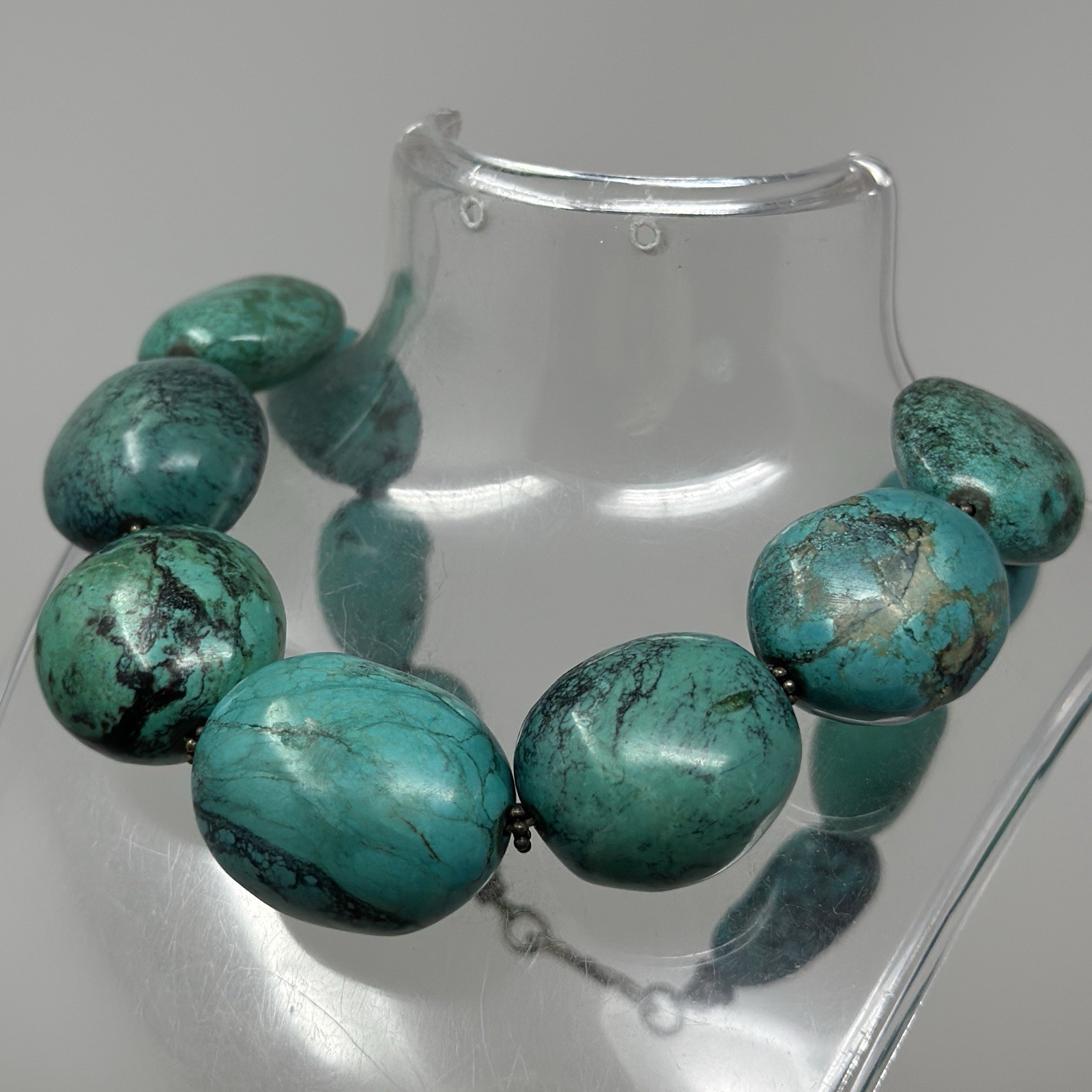 Stunning Natural Green Hubei Turquoise Necklace Large Chunky Polished Oval Beads
