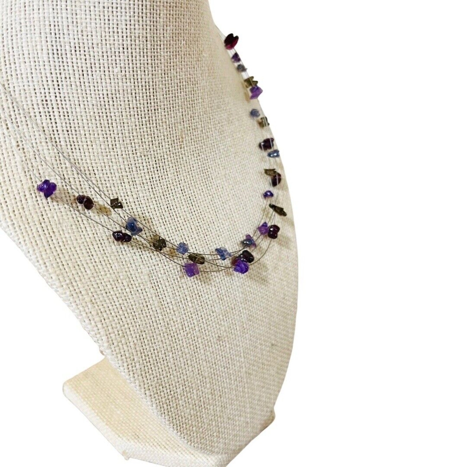 Gemstone Chip Necklace and Dangle Earrings 4-Strand Necklace Purple Shades