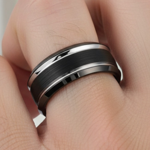 8mm Two-Tone Tungsten Carbide Band, Black IP Brushed Center Steel Color Ring