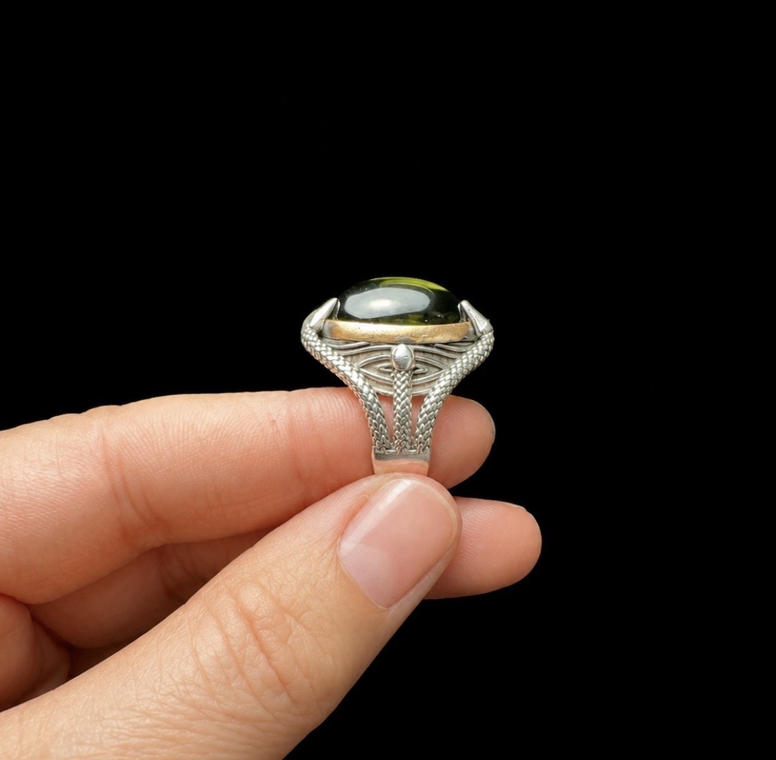 Silver Tone Green Oval Cabochon Cocktail Ring Size 8.5 Prong Set Metal Signed