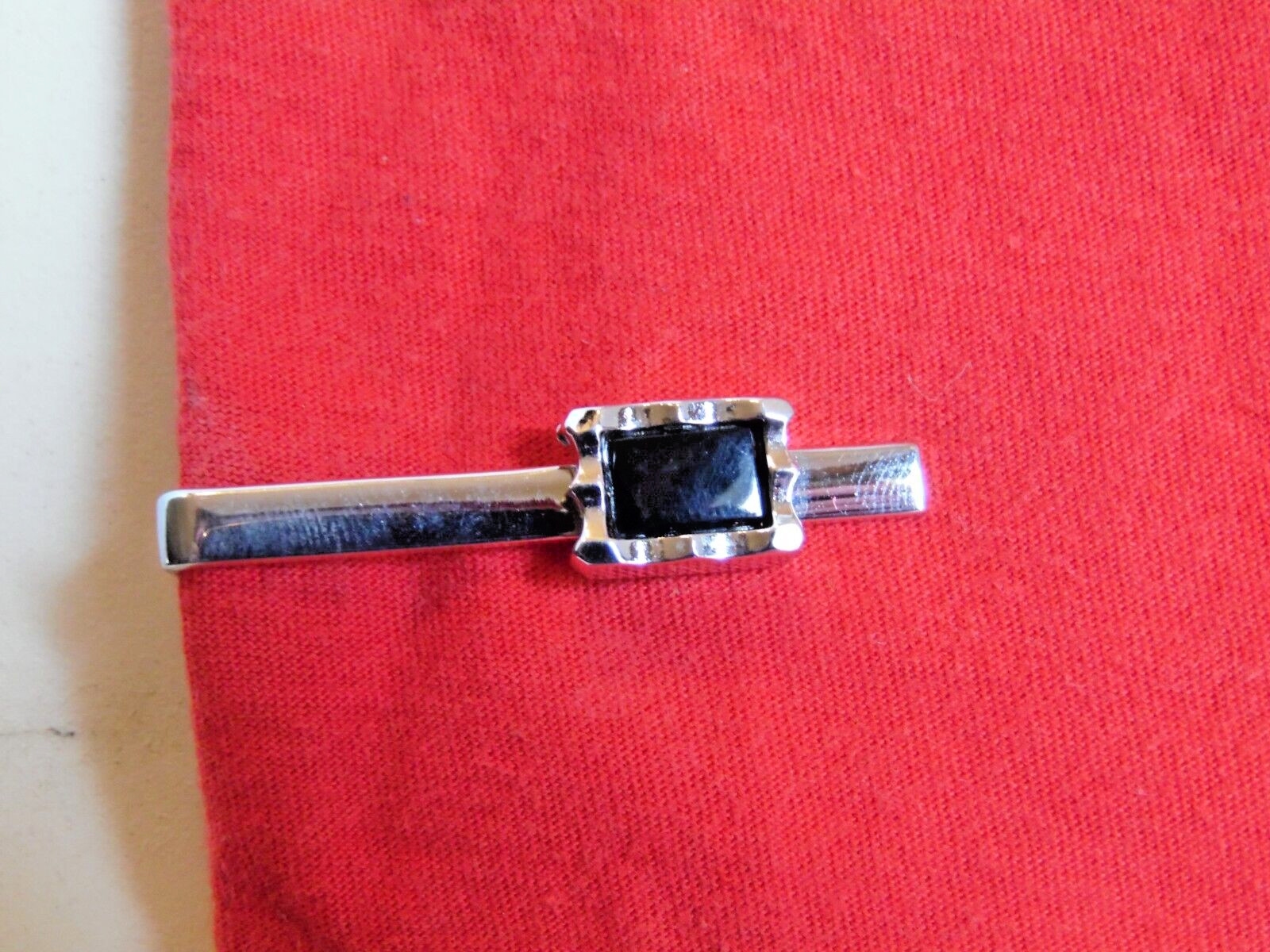 Foster Vintage Silver Tone Chrome with black onyx? Tie Bar Clip Clasp USA 2″