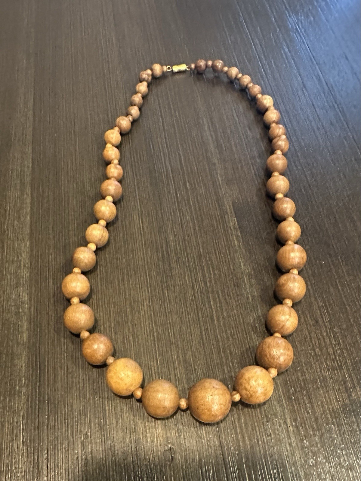 Vintage 1970s Chunky Graduated Wooden Bead Necklace with Brass Barrel Clasp