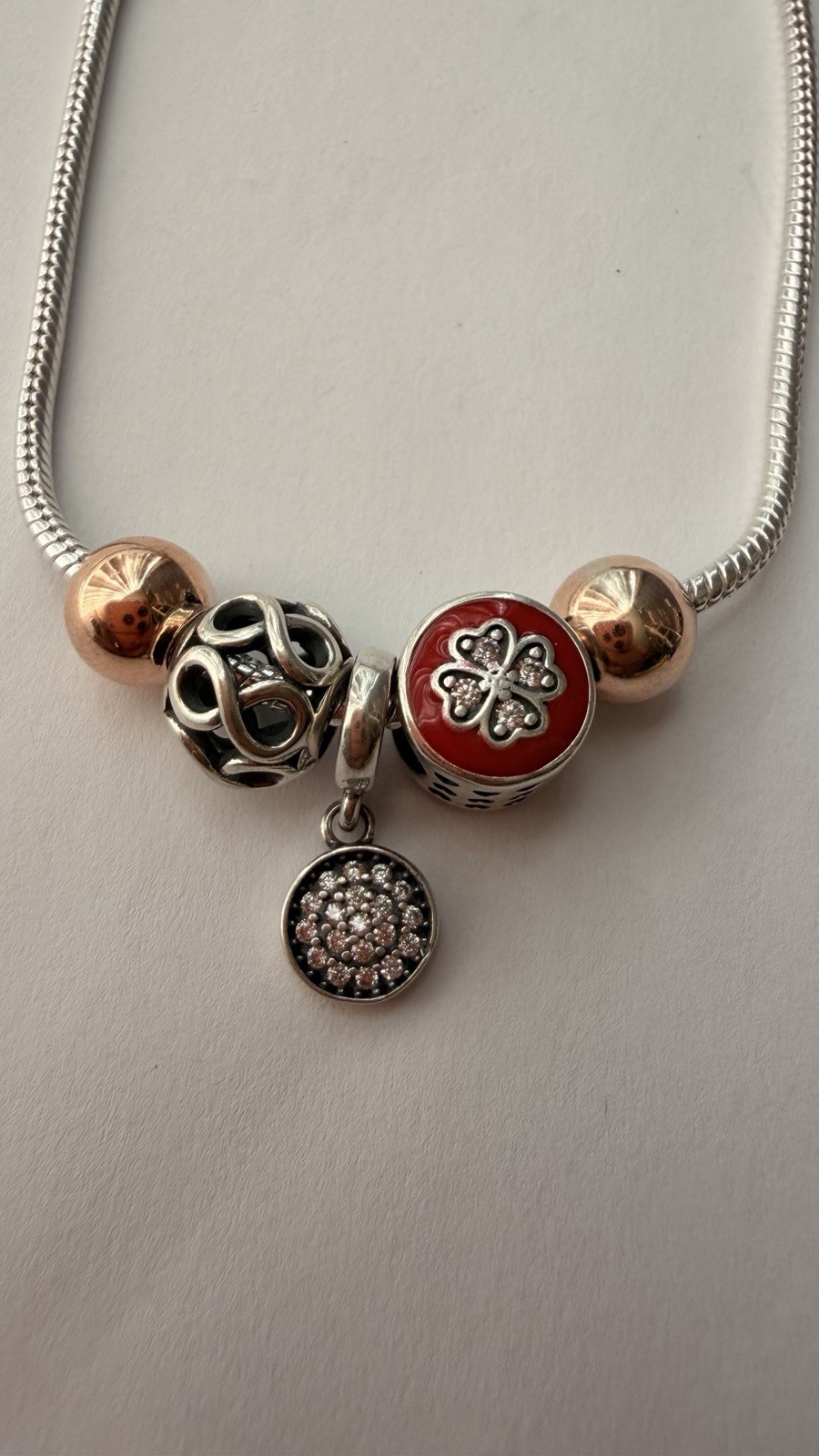 AUTHENTIC PANDORA 925 STERLING SILVER SNAKE CHAIN BRACELET WITH 5 CHARMS