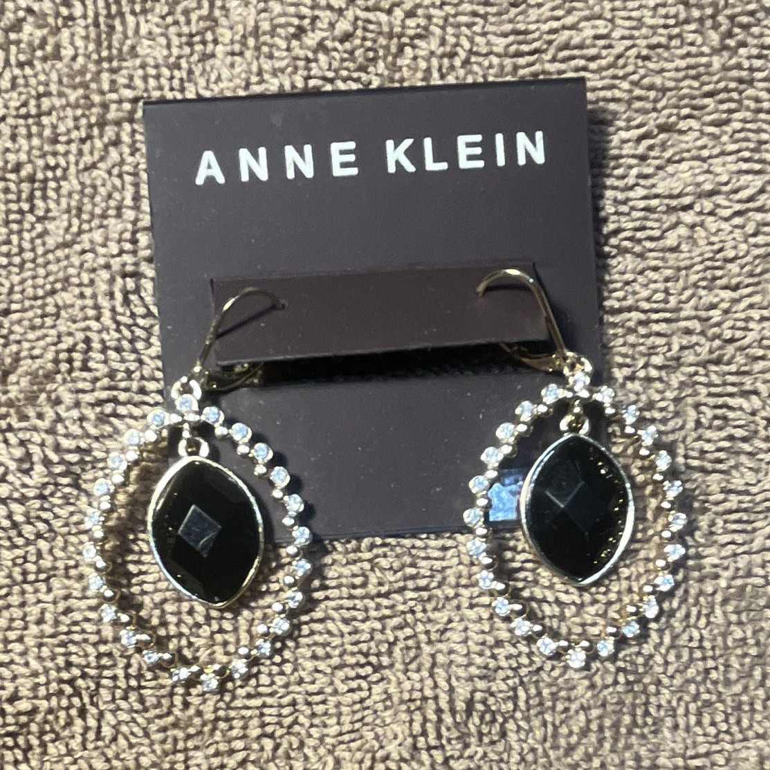 Anne Klein Silver Tone Black Oval Crystal Halo Rhinestone Hook Dangle Earrings