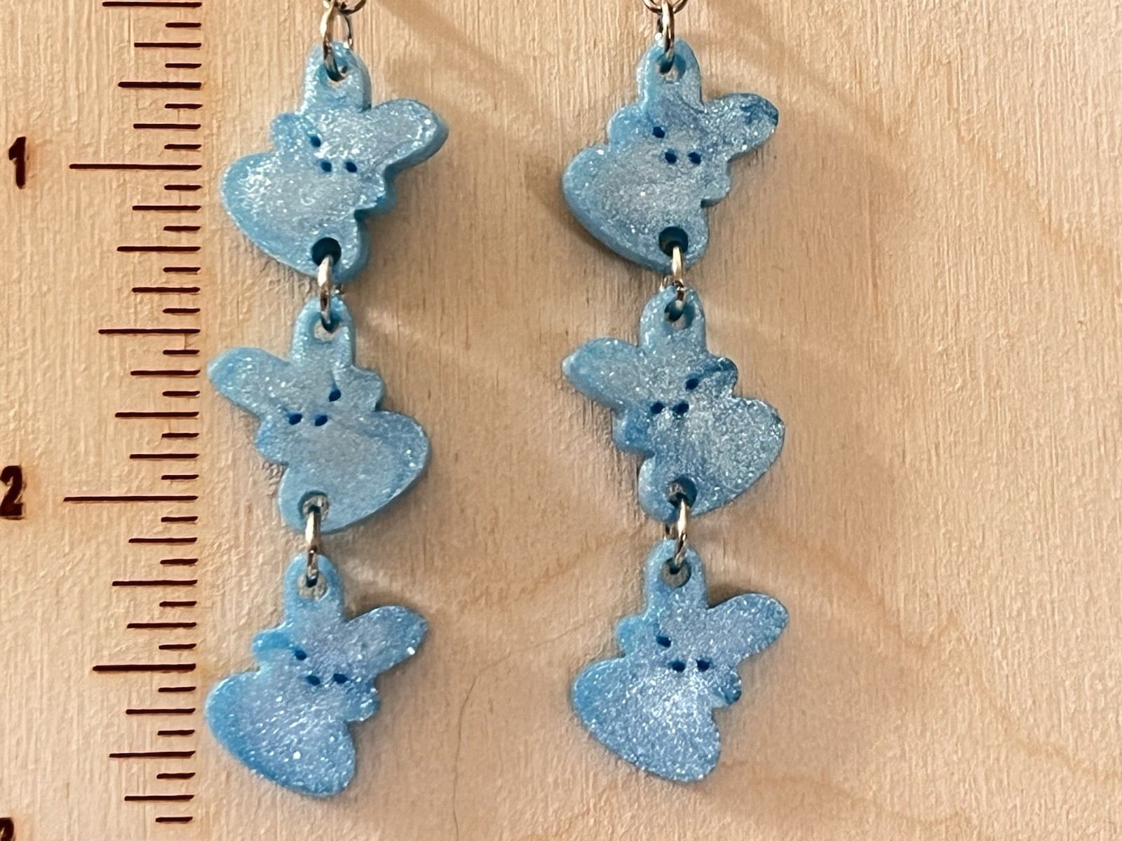 Handcrafted Blue Bunny Dangle Earrings Polymer Clay Animal Theme 2.8 in hook