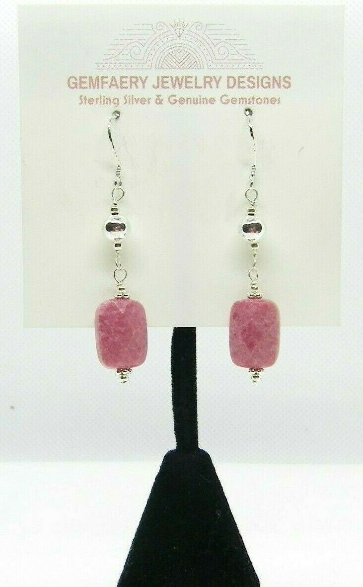Sterling Silver Natural RHODONITE Gemstone Long Dangle Earrings…Handmade USA