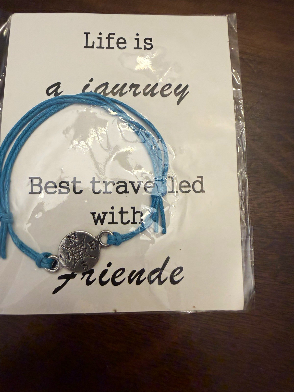 Blue Adjustable Cord Charm Bracelet with Round Compass Dangle, Travel Theme