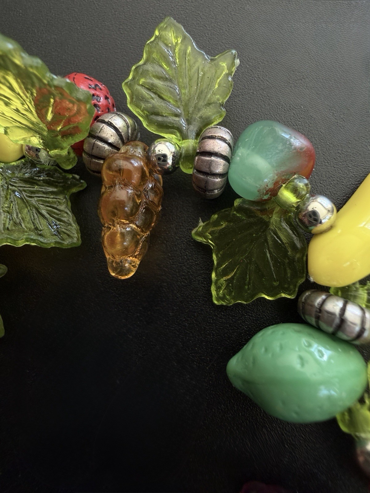 Vintage Plastic Acrylic Resin Fruit Salad Charm Bracelet Colorful Beads Silver