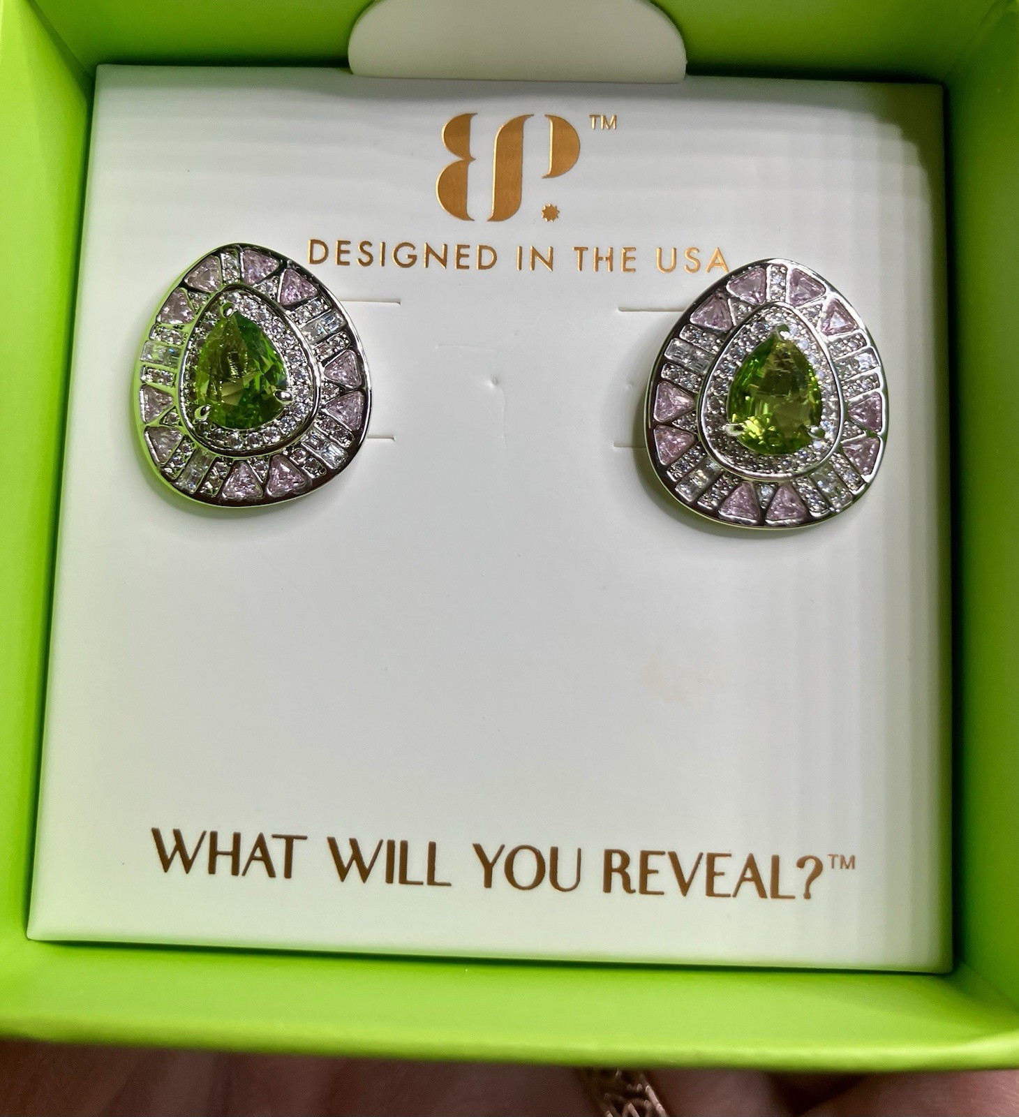 Bomb Party August Earrings 2026 Rhodium Peridot Pink Spinel Cake Topper NWT