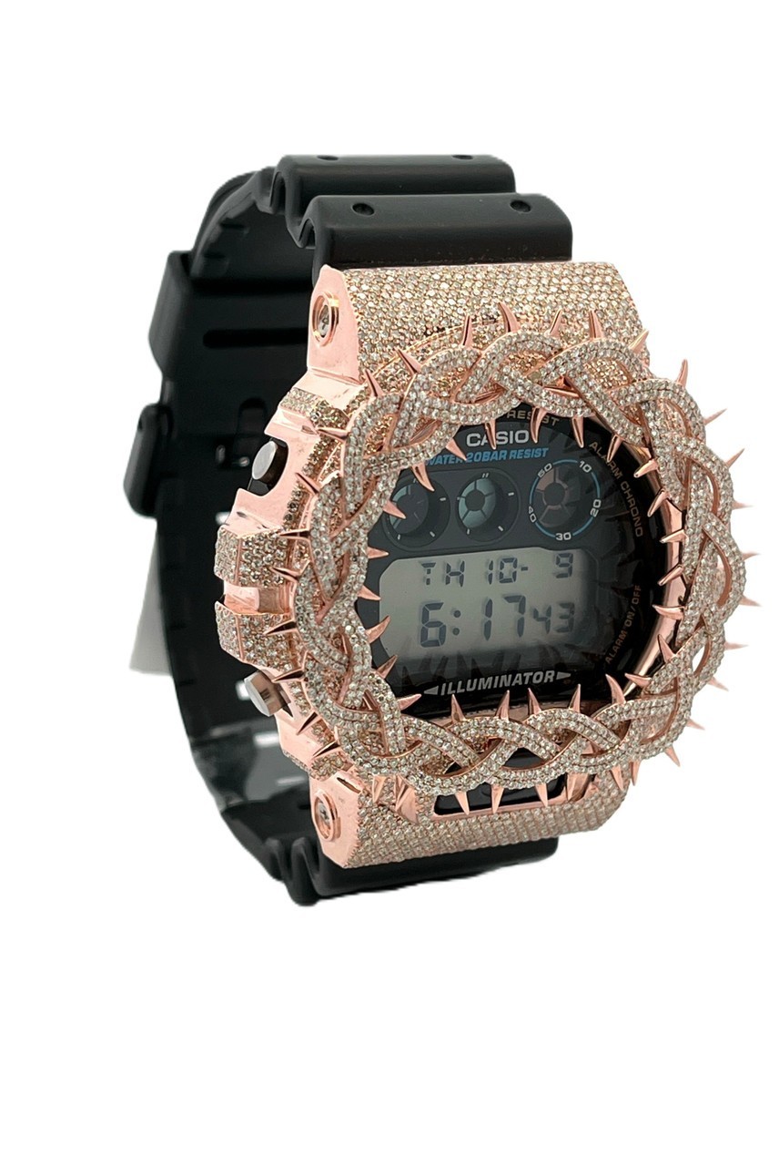 Casio G-Shock DW6900 925 Silver Moissanite 5.50CT Iced Out Watch Rose Tone