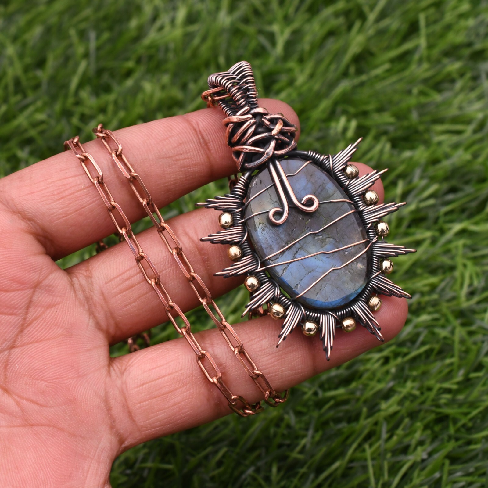 Labradorite Gemstone Copper Wire Wrap Handmade Jewelry Pendant 2.28″