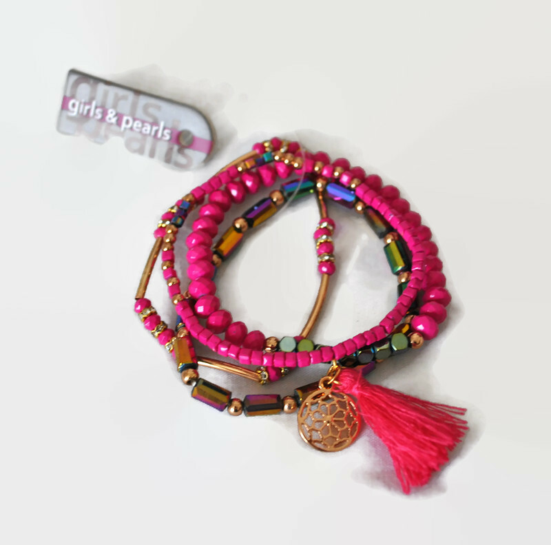 Boho Bracelets Set of 4 Crystals and Tassels Blue Peach Pink Multi Elasticated