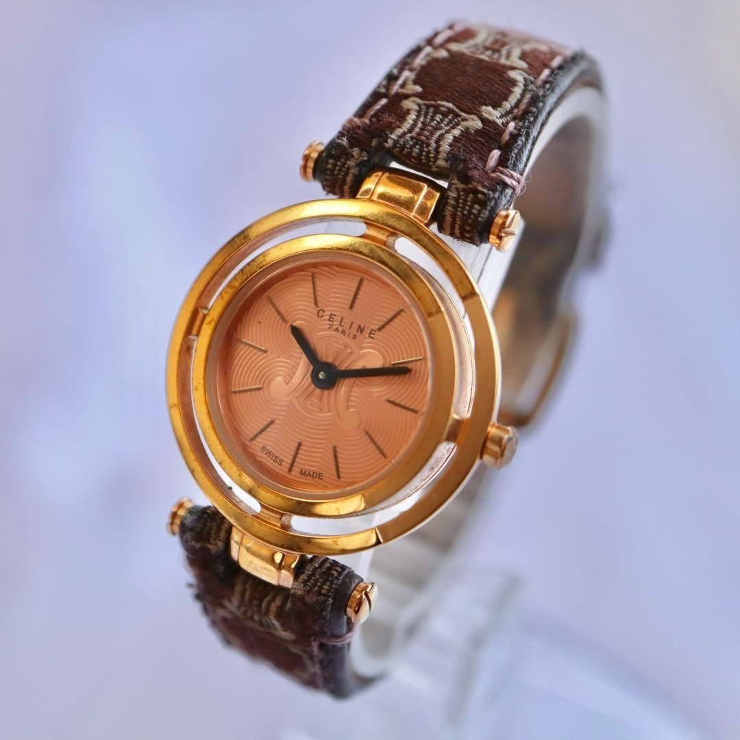 Vintage CELINE Macadam Triomphe Women’s Watch Pink Gold Dial Leather Working