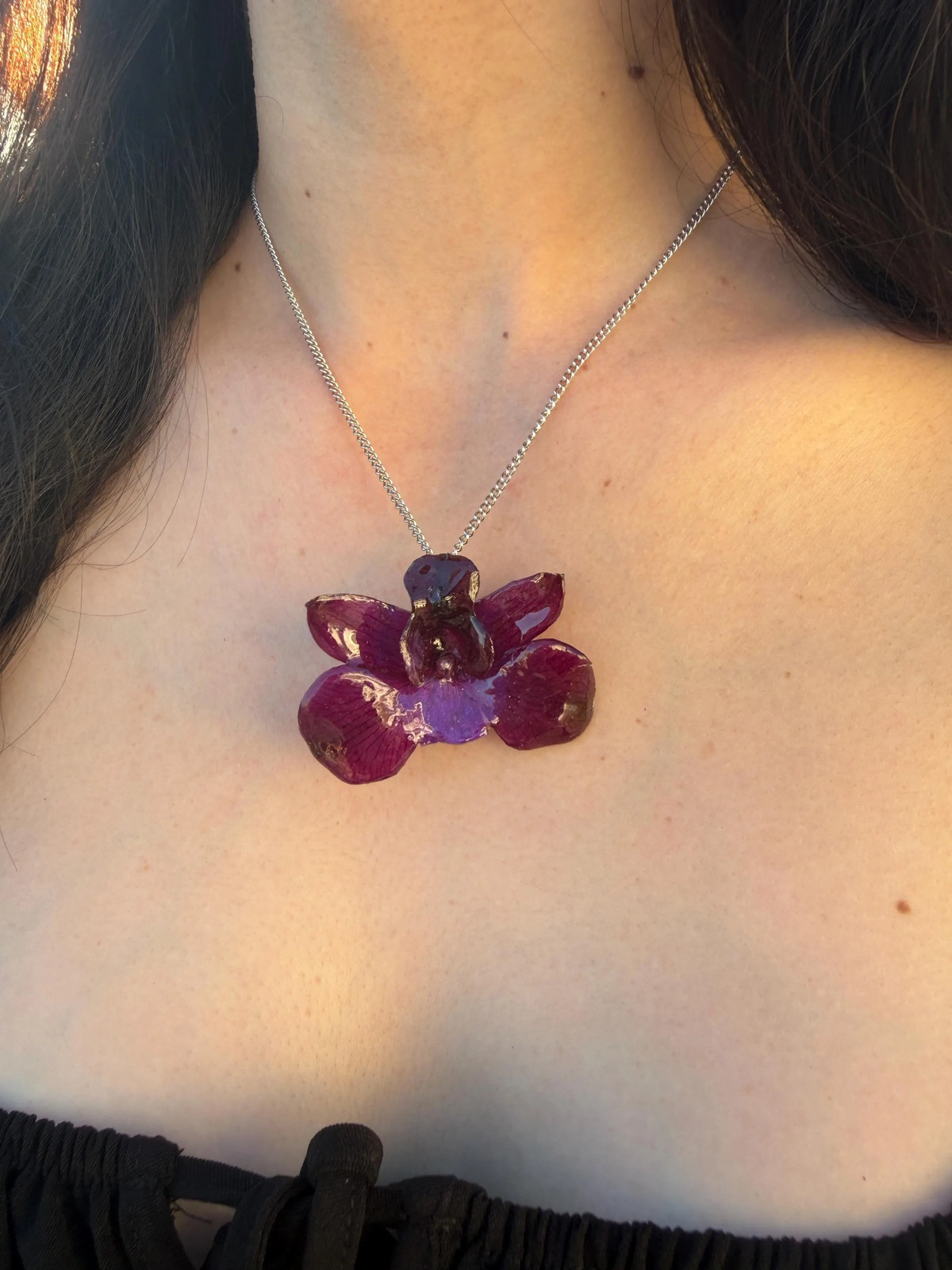 Real Violet Orchid Resin Necklace | Preserved Flower Pendant | Stainless Steel C