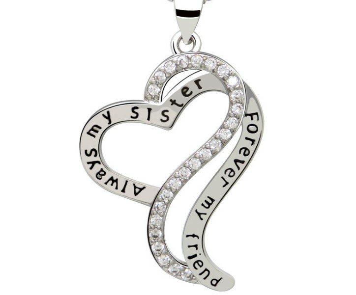 Always My Sister Forever My Friend Love Heart CZ Pendant Necklace Jewelry Box S2