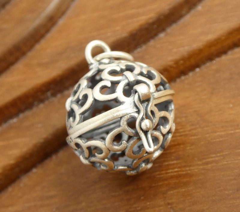 Antiqued Sterling Silver Cutout Scroll Small Ball Locket Pendant Aromatherapy