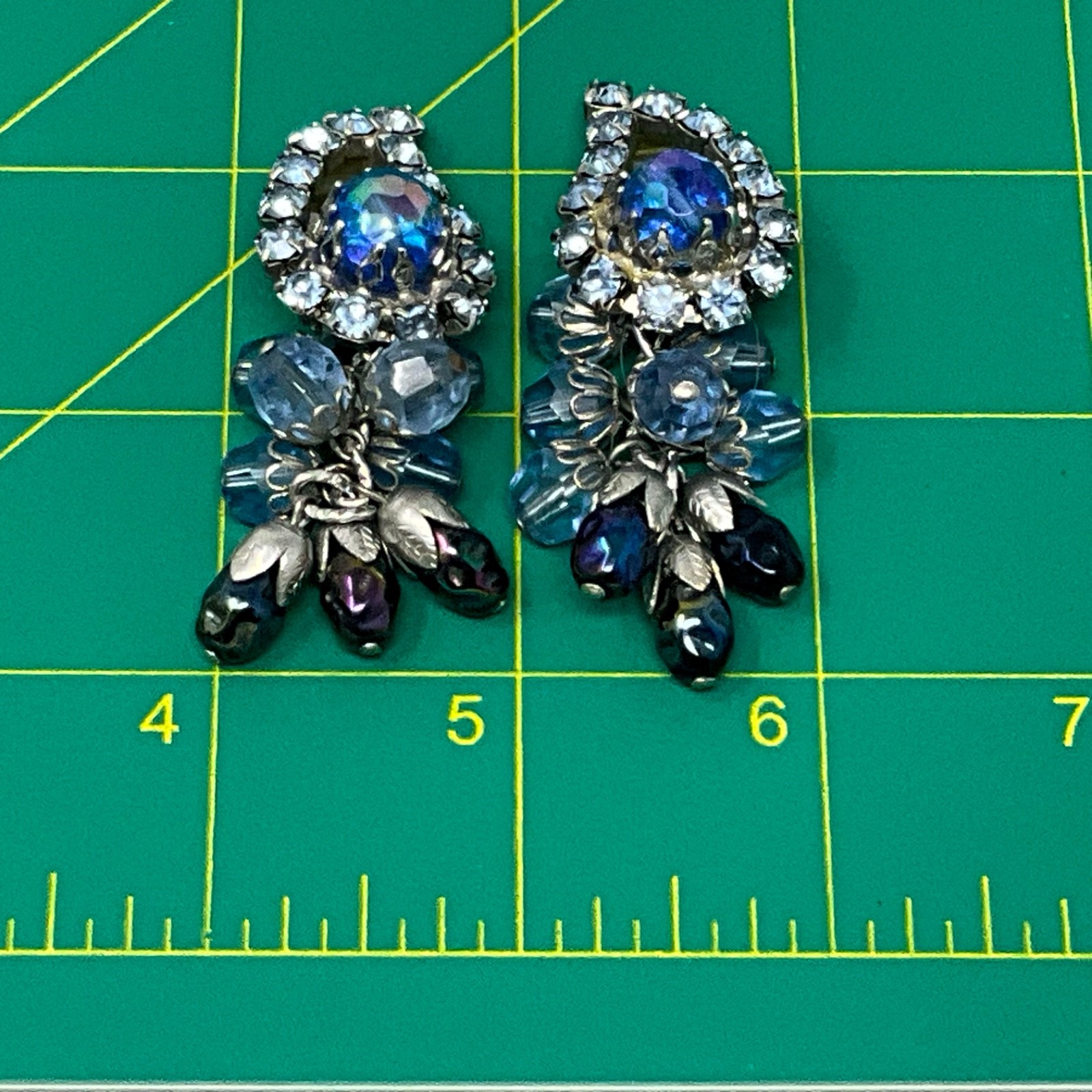 Vintage Signed Hobe Pastel Blue Bead Rhinestone Clip On Earrings Waterfall