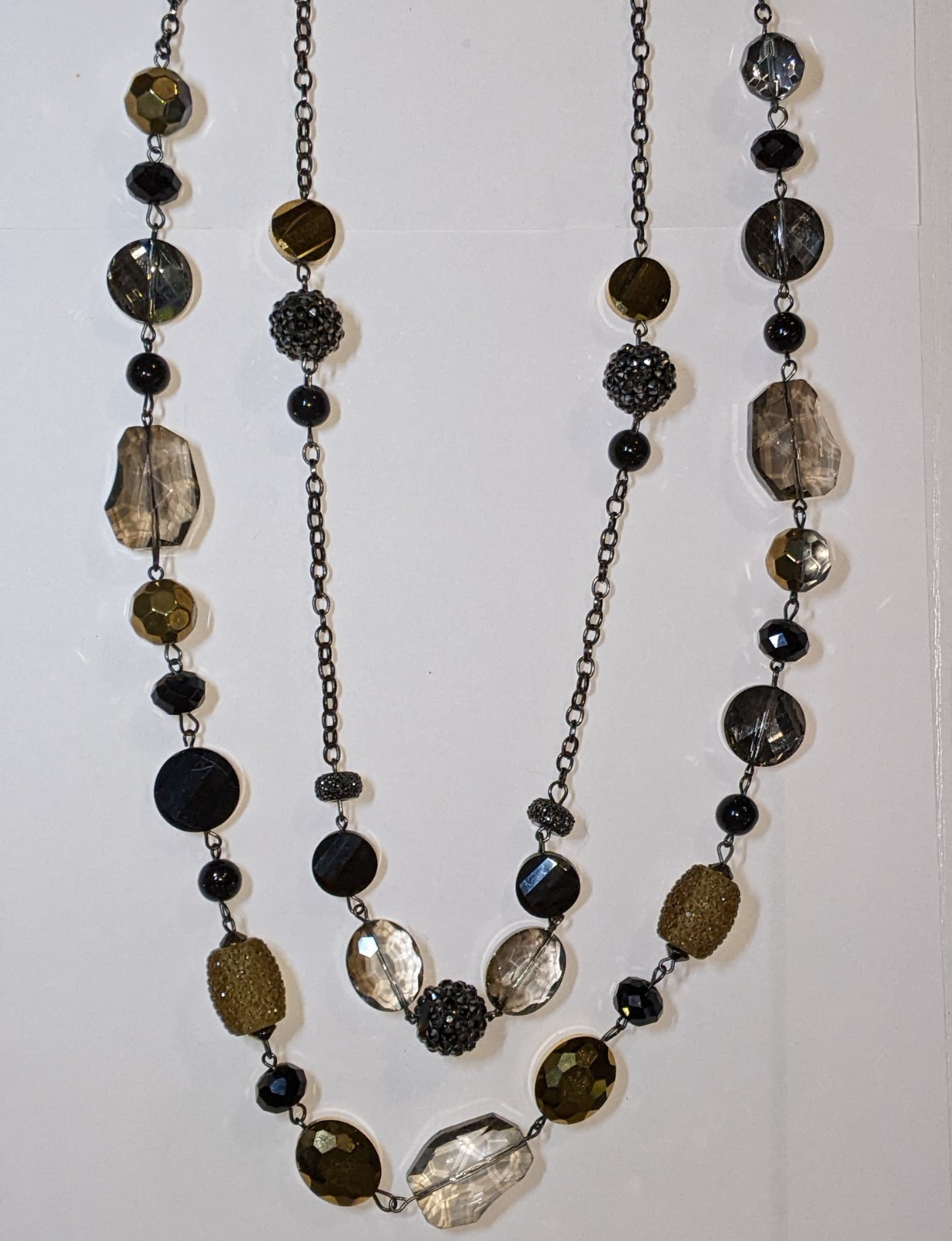 Women Necklace 2 Strand Black Gray Yellow Beads Stone Costume Jewelry Statement