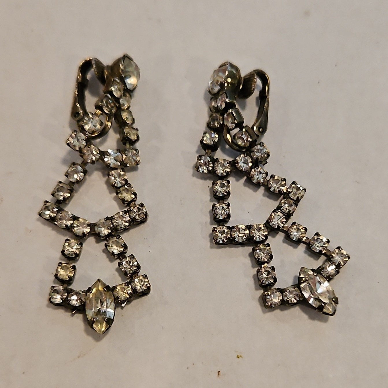 Clear Rhinestone Geometric Dangle Clip-On Earrings Silver Tone Double Triangle