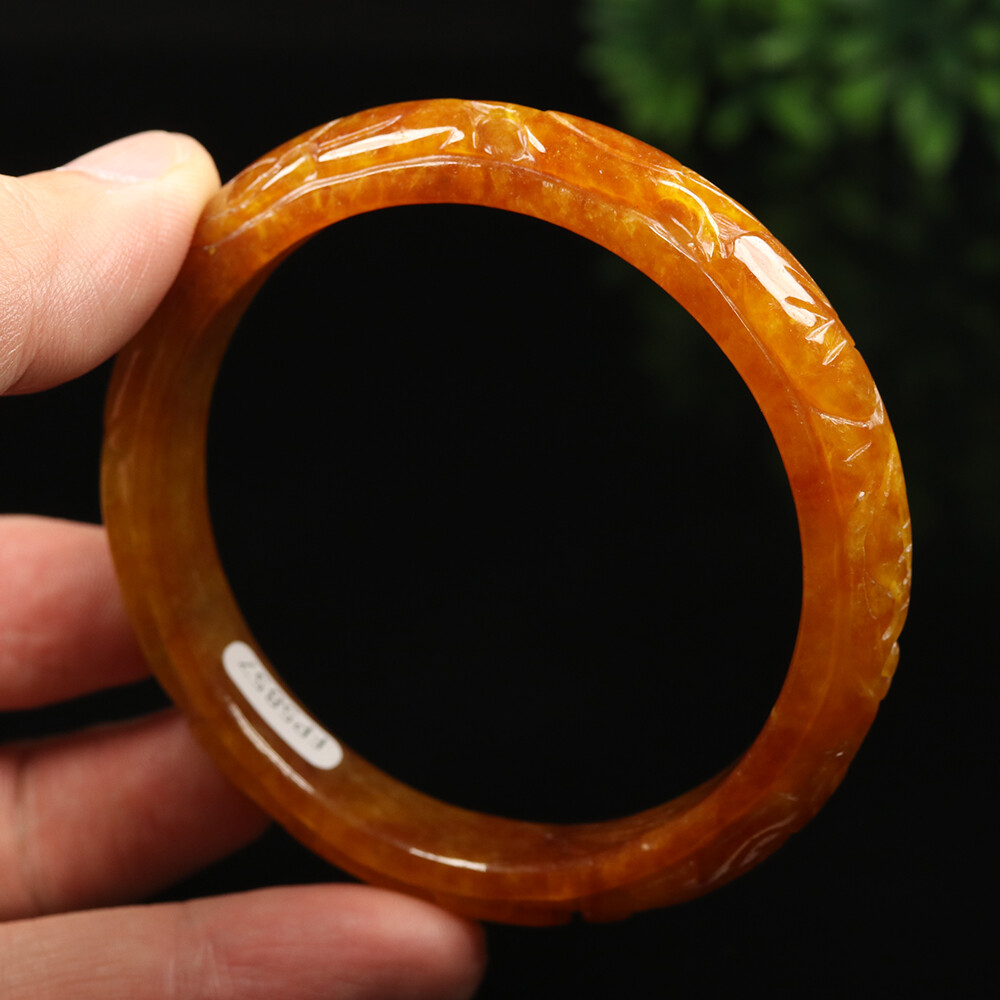 61mm Yellow Brown Jadeite Jade Bracelet Bangle Bat Lotus Burma Jade A-11767