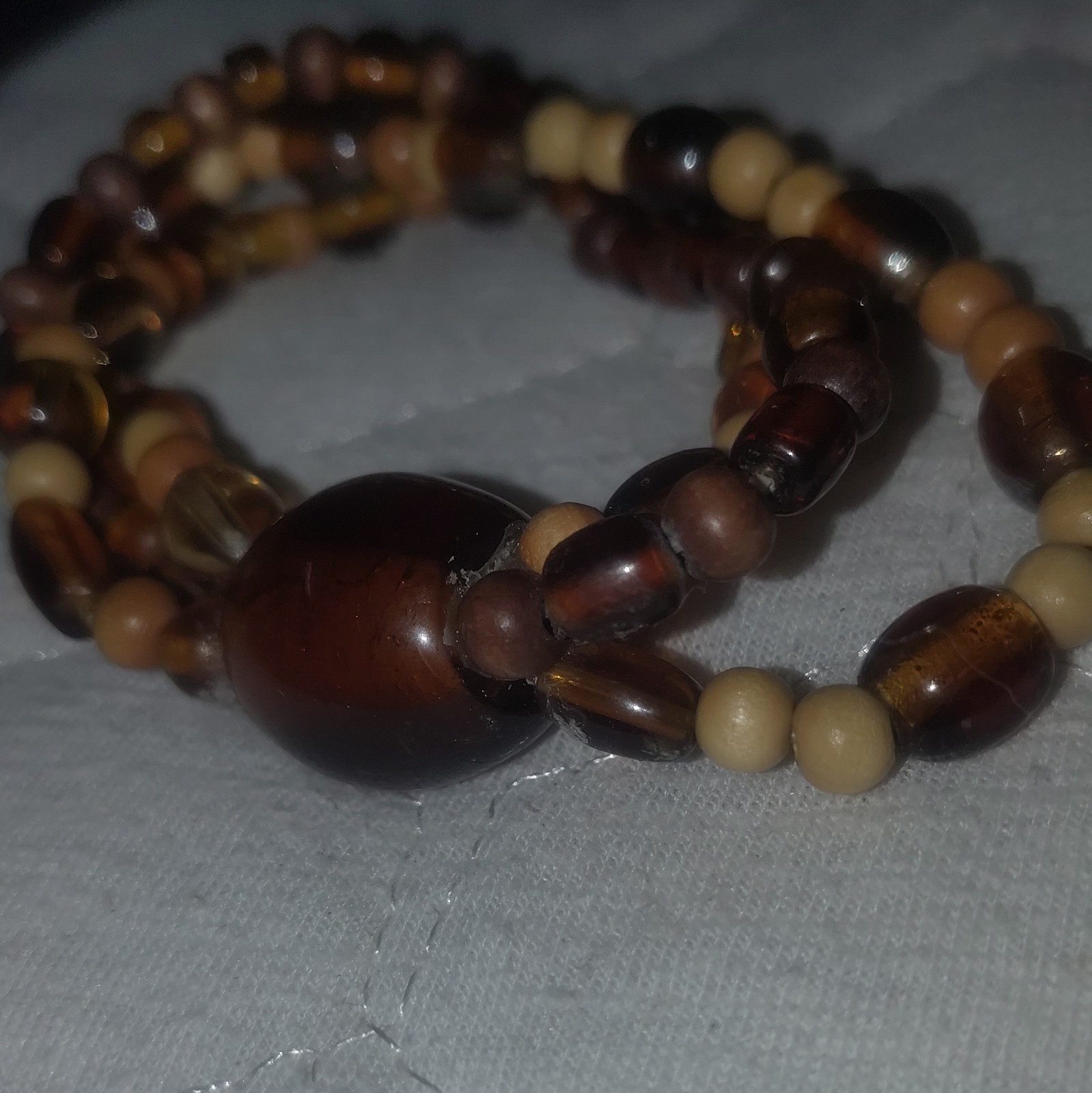Brown Tan Amber Round Beaded Wrap Bracelet, Stackable Wood Plastic No Closure