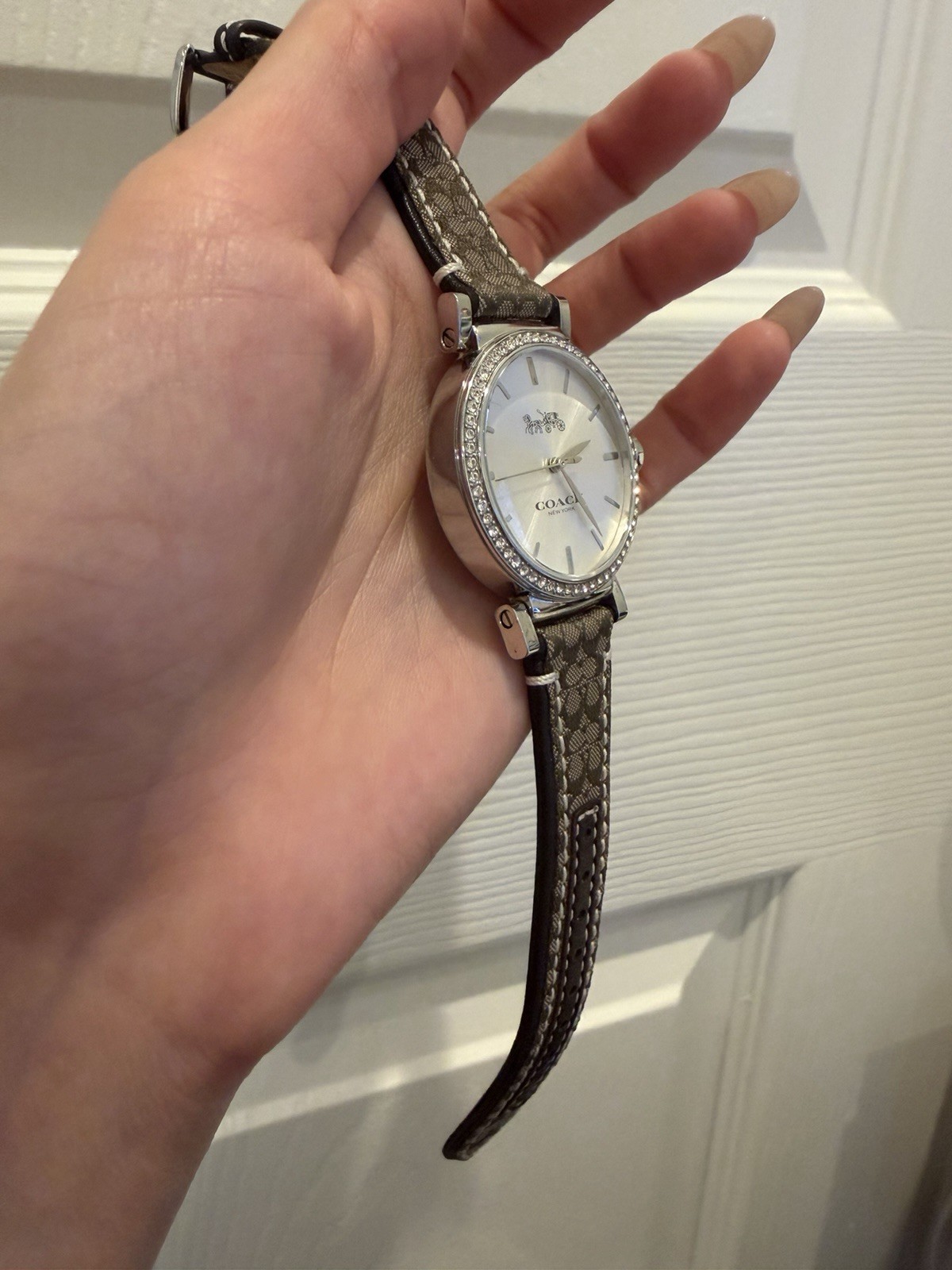 Coach Women’s Quartz Watch Silver Dial Crystal Bezel Brown Leather Strap Box