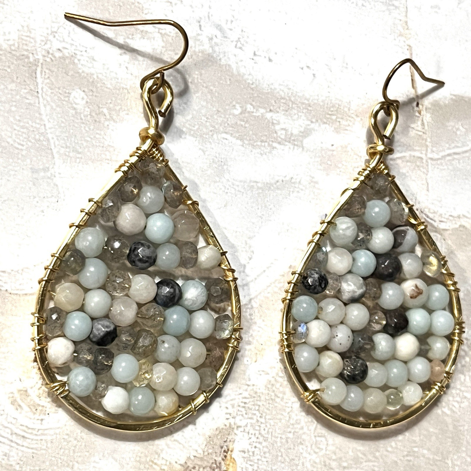 Goldtone Wire Wrapped Round Stones in Teardrop Earrings 1 1/4″ x 2 1/8″ Dangles