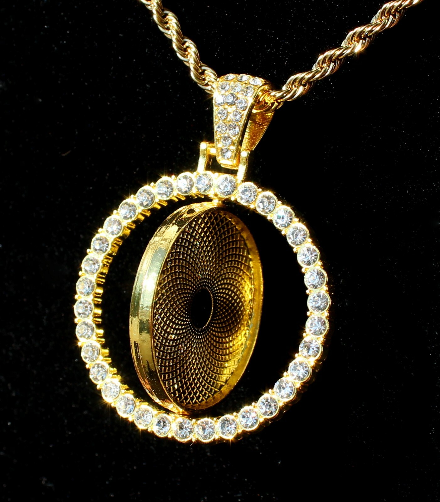 Picture Spinner Photo CZ 2 Sided Pendant Gold Plated Stainless Steel Necklace