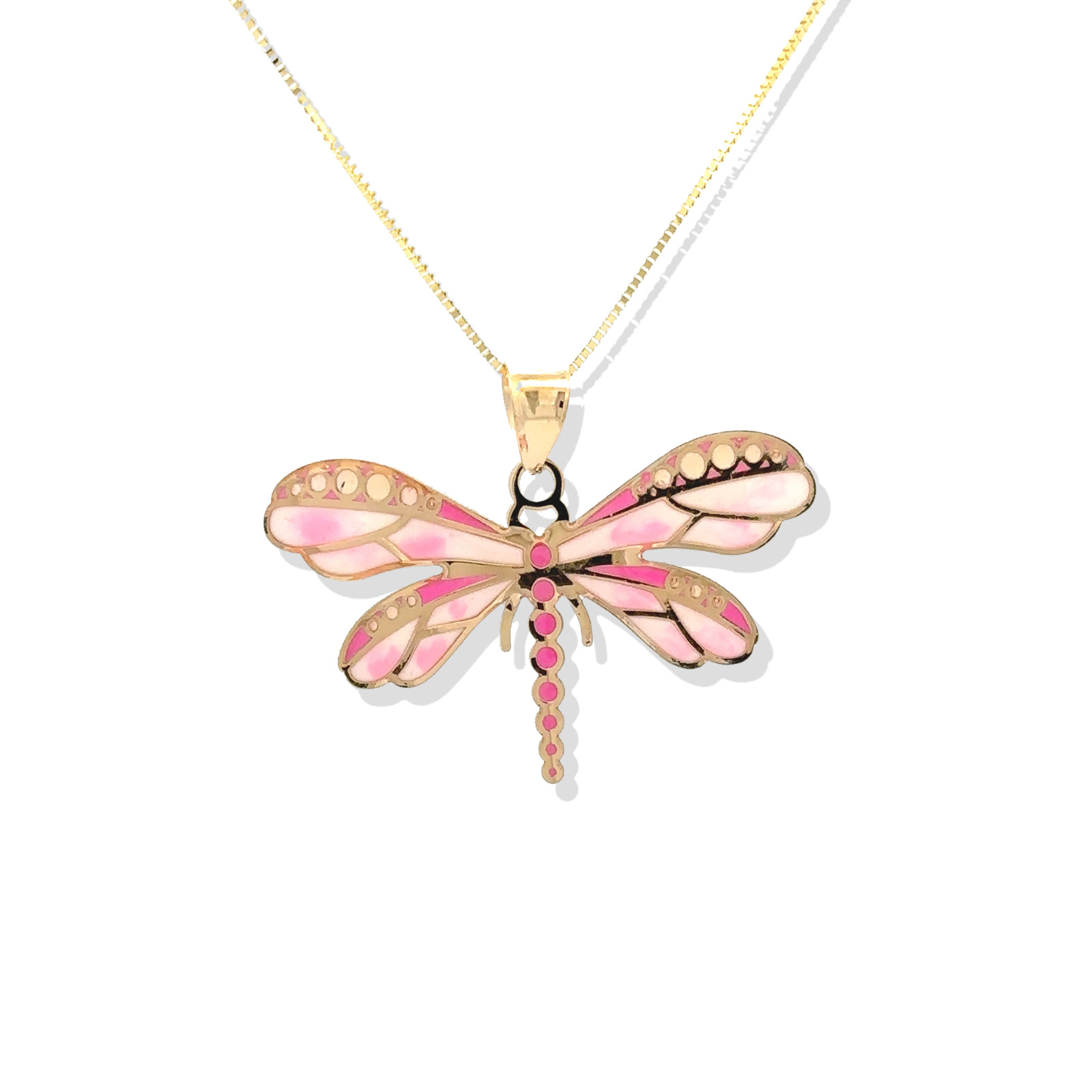 14K Solid Gold Pink Dragonfly Pendant Insect, Animal Necklace Hand-Painted Italy