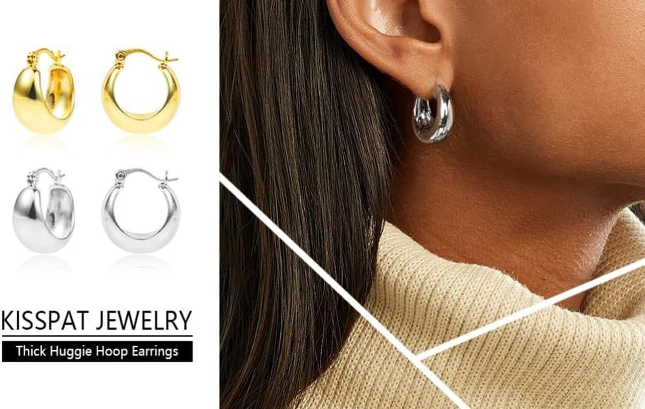 Silver Chunky Hoop Earrings for Women Hypoallergenic Thick Huggie Earring Wide H