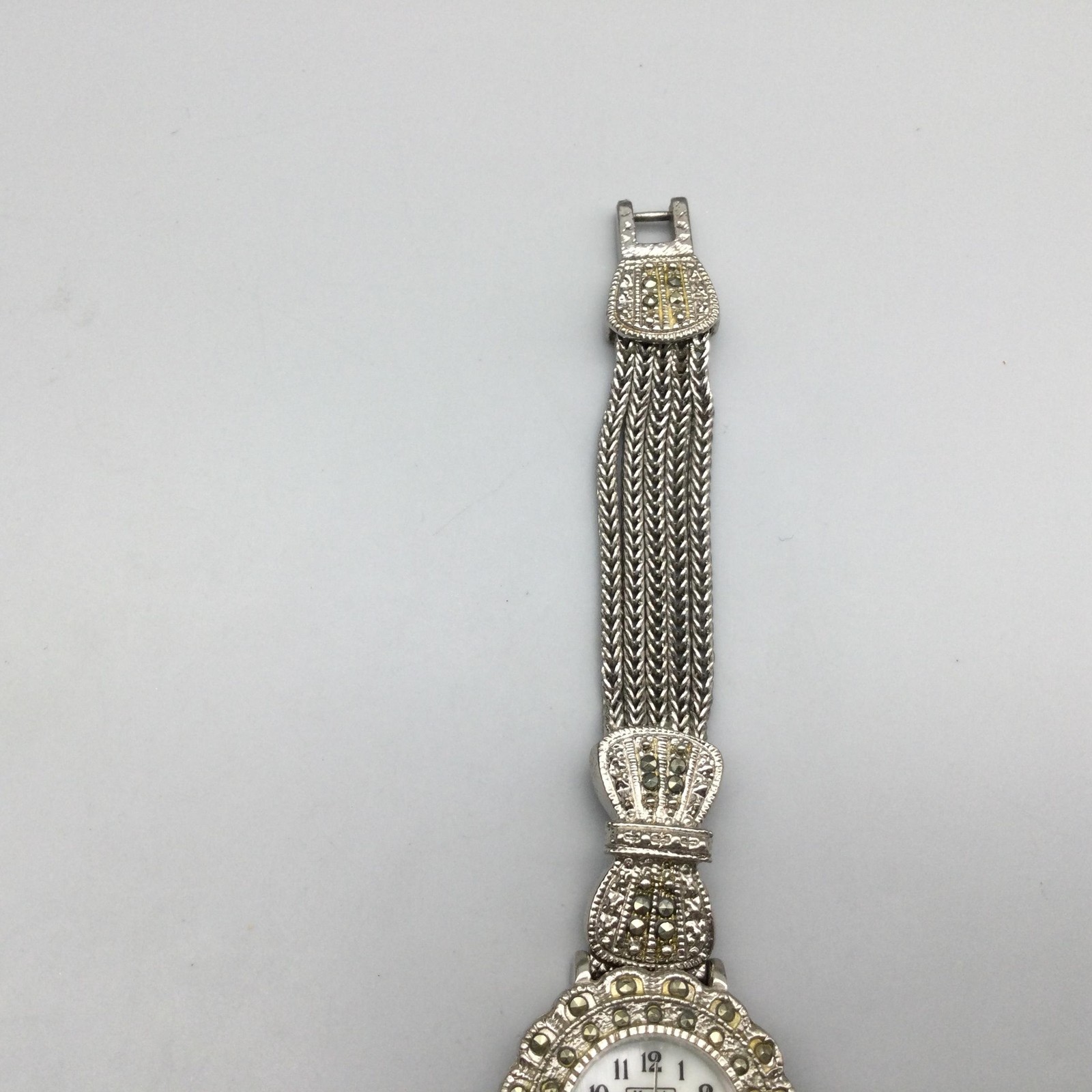 Mayfair Womens Watch 27mm White MOP Dial Silver Tone Marcasite New Battery 7.25″