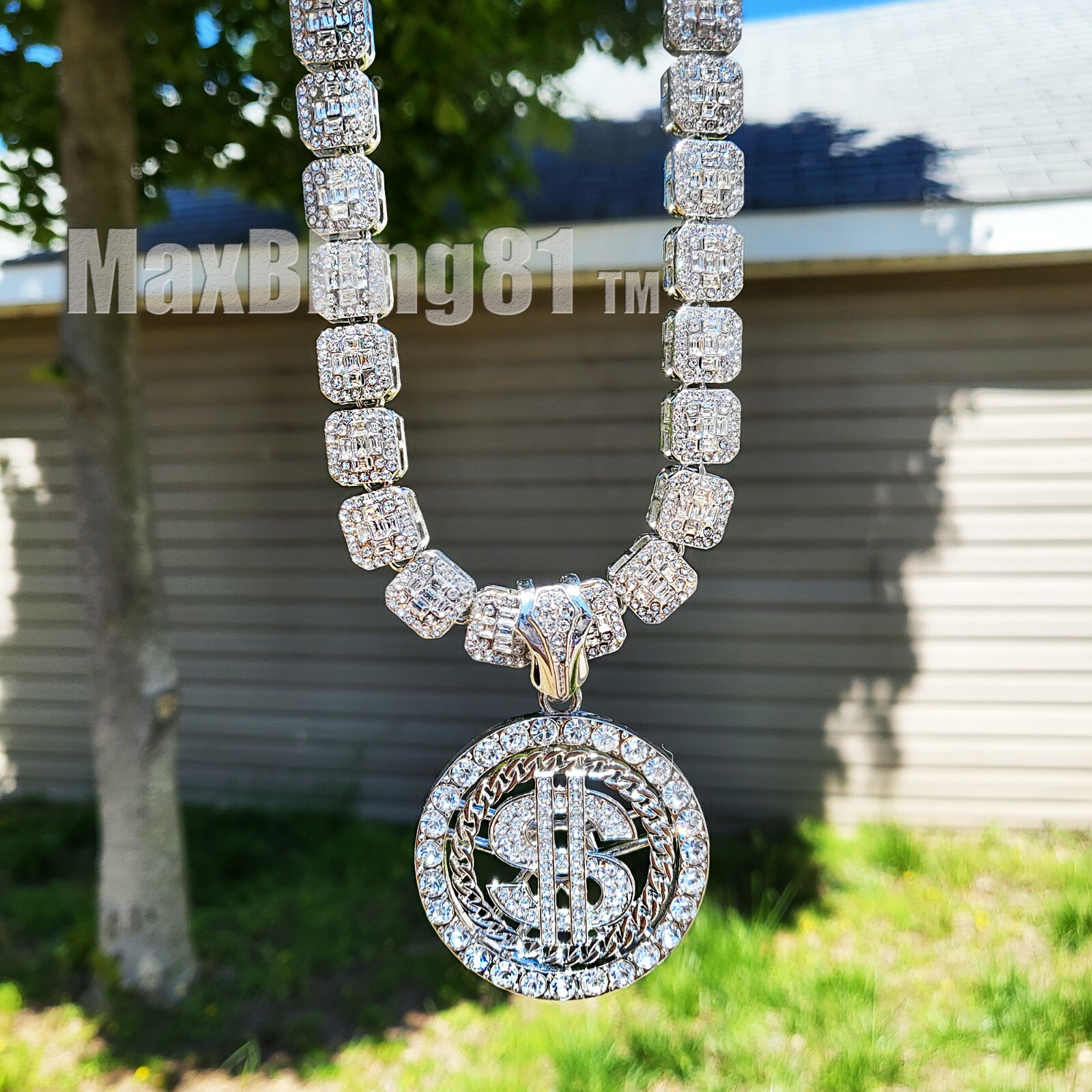 Silver Plated Alloy Iced $ Sign Pendant 16″ ~ 20″ Cubic Zirconia Chain Necklace