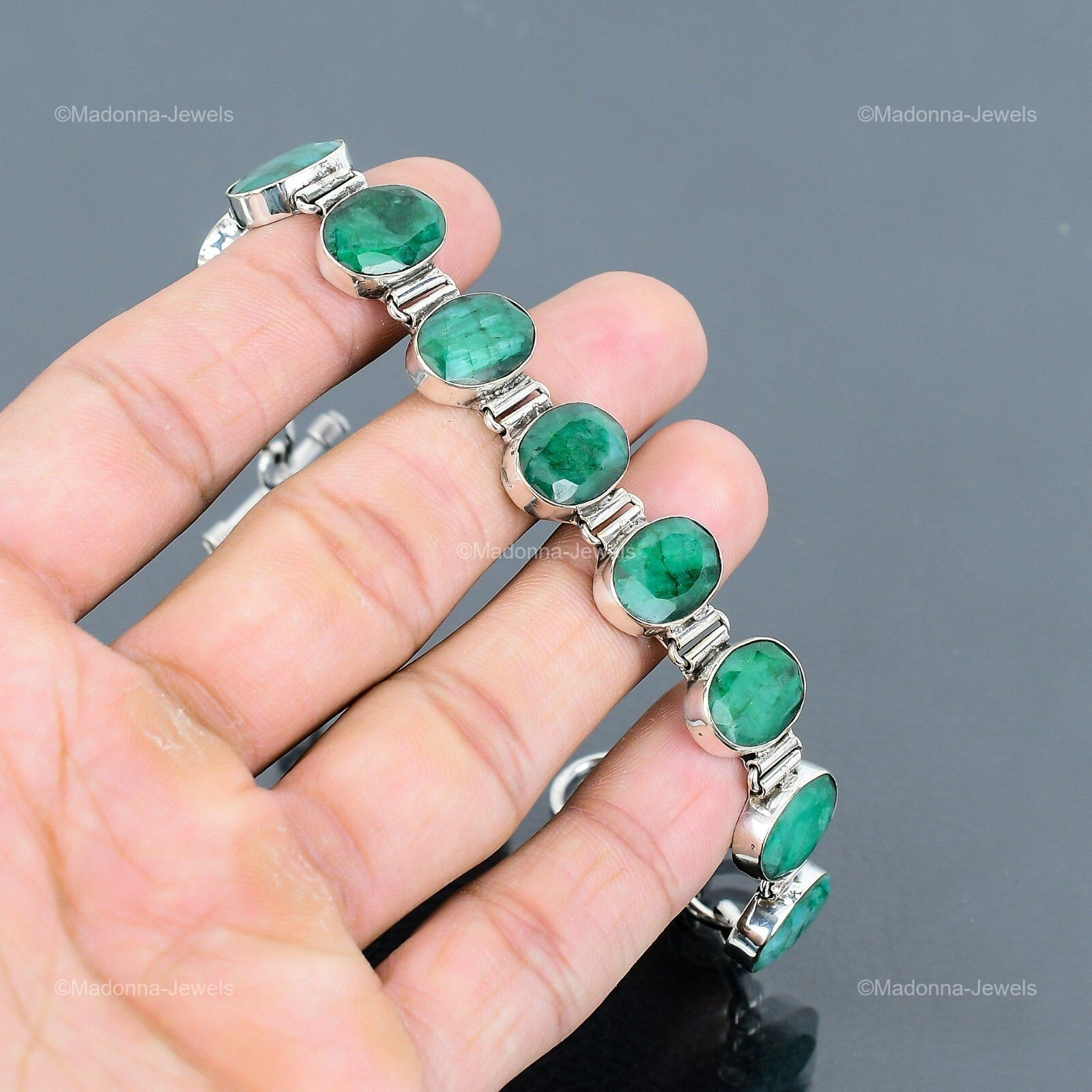 Mothers day Deal Natural Zambian Emrald Sterling Silver Chain Bracelet Jewelry