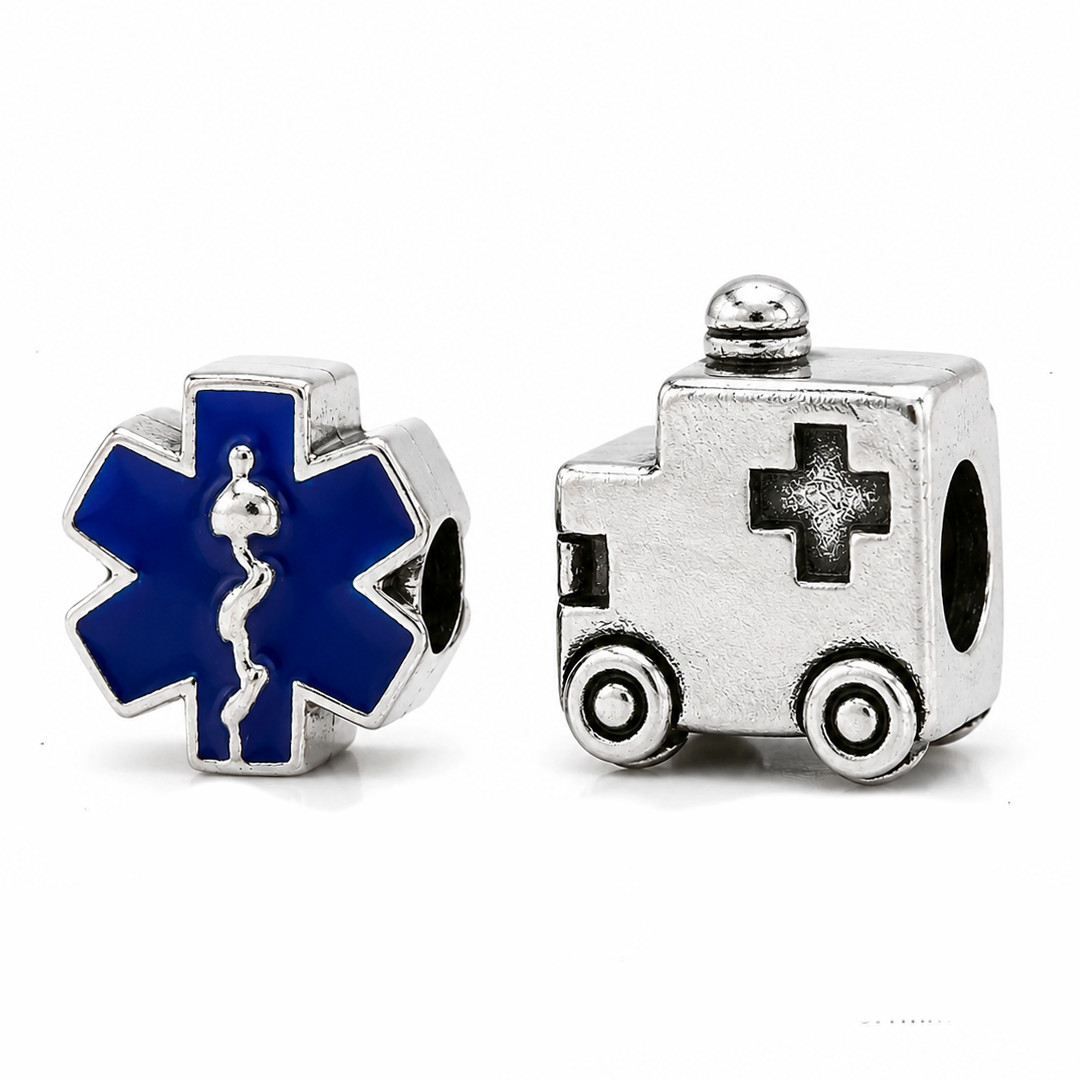 Paramedic EMS Bead Set Star of Life Ambulance Large Hole European Charm Beads