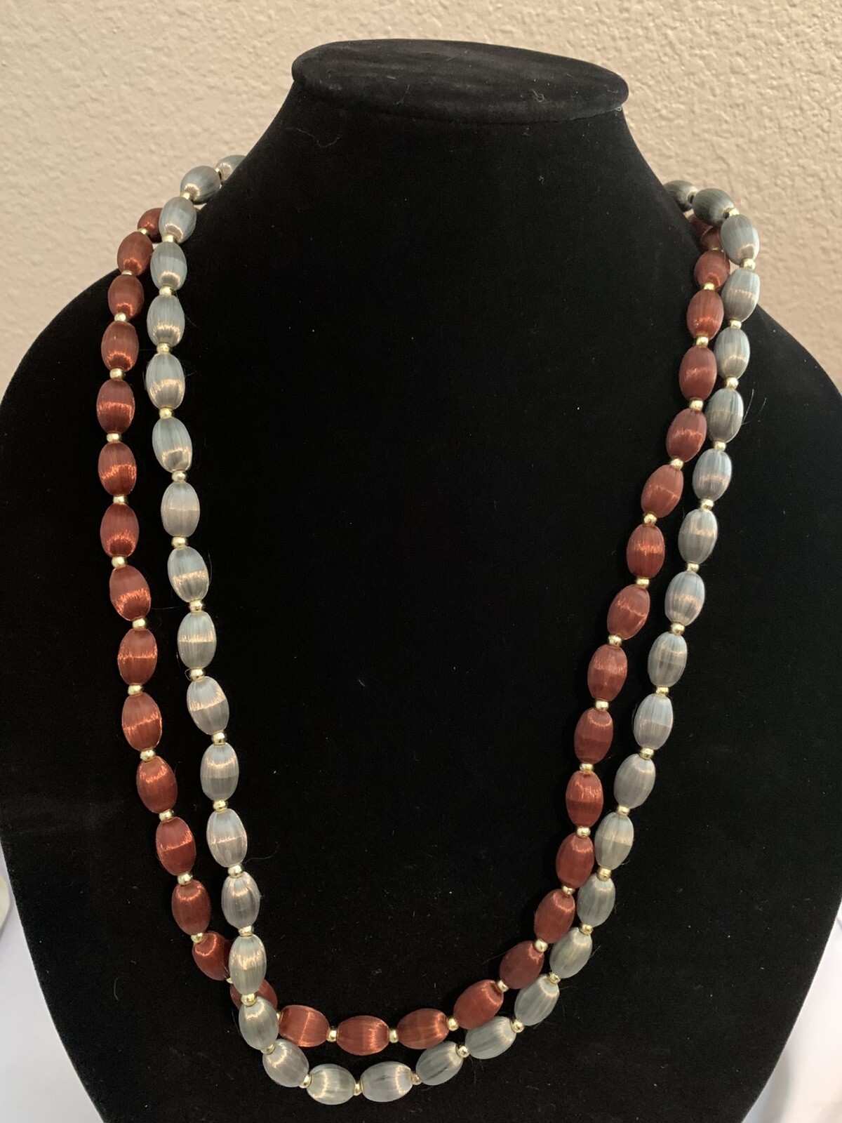 2 Vintage Red and grey Silk Thread Necklaces Wrapped Beads /30 inches