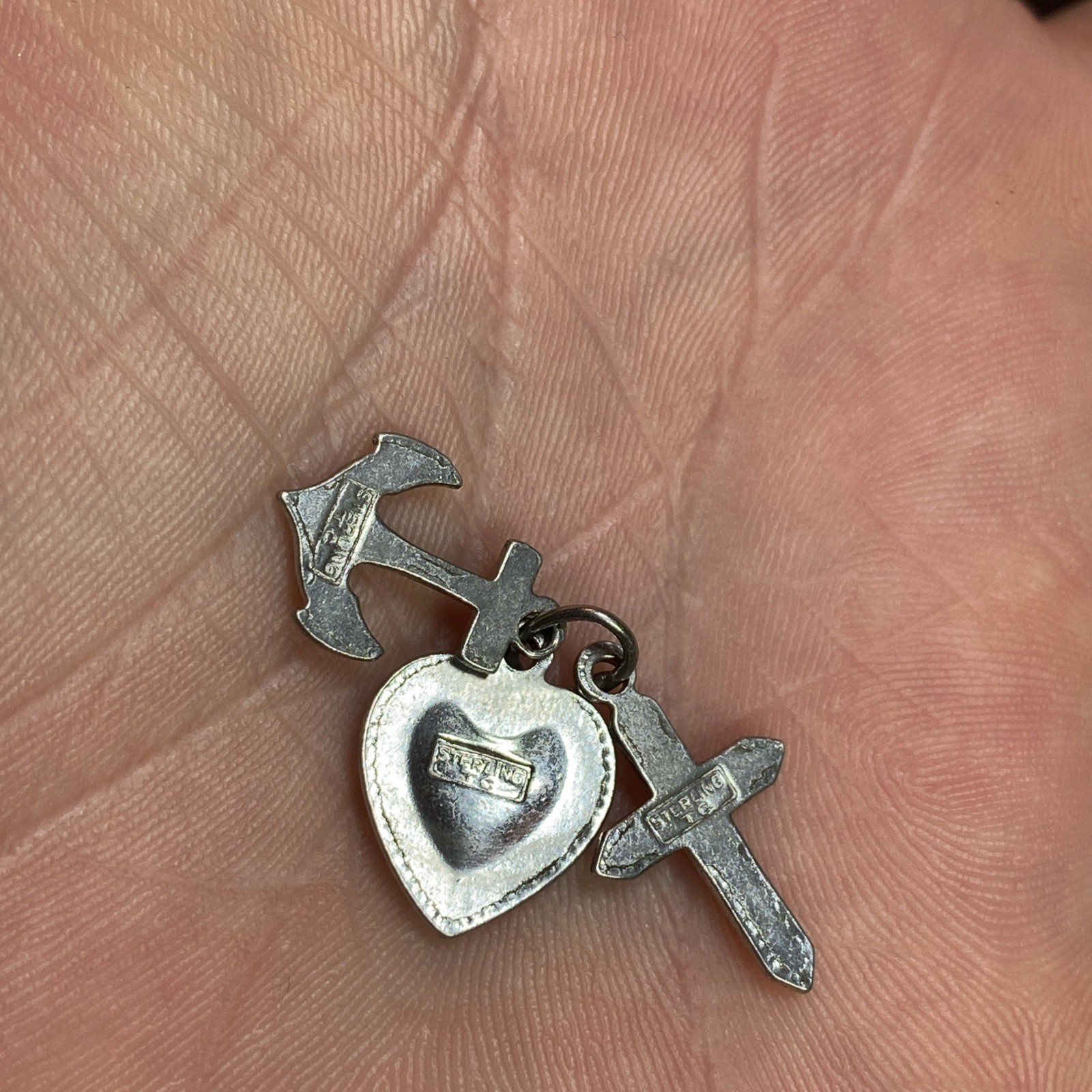 signed TC 925 Sterling Silver Vtg 3 Virtues Anchor Heart Cross Charm Pendant