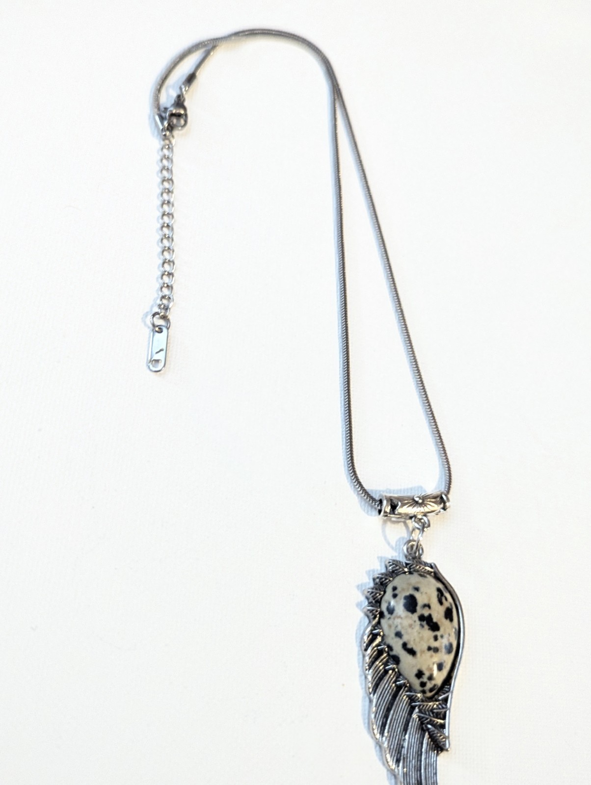 Stainless Steel Angel Dalmatian Jasper Wing Necklace Adjustable Snake Chain